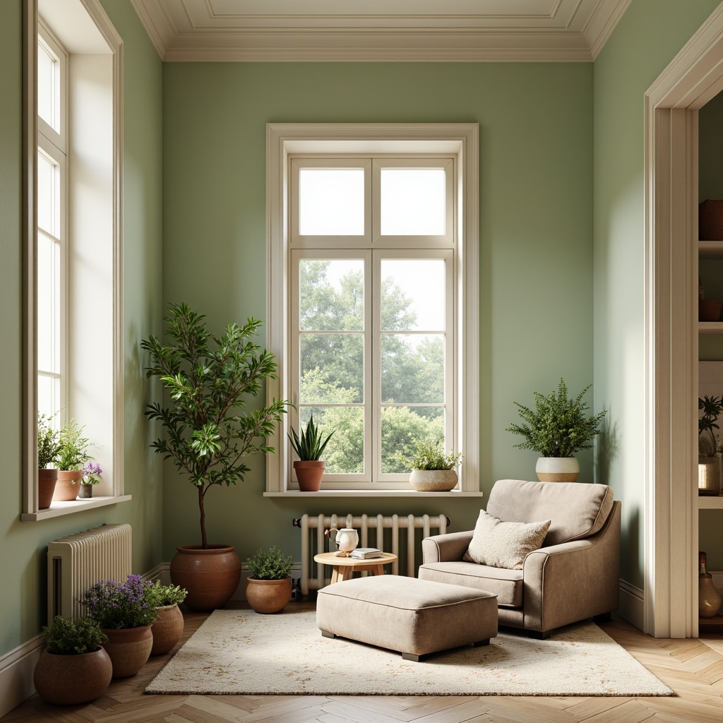 Prompt: Soft pale green walls, creamy white trim, warm beige floors, natural wood accents, earthy terracotta pots, lush greenery, delicate flower patterns, soft misty lighting, shallow depth of field, 1/1 composition, realistic textures, ambient occlusion, serene atmosphere, peaceful ambiance, cozy reading nook, plush velvet furniture, minimal ornamentation, effortless elegance.