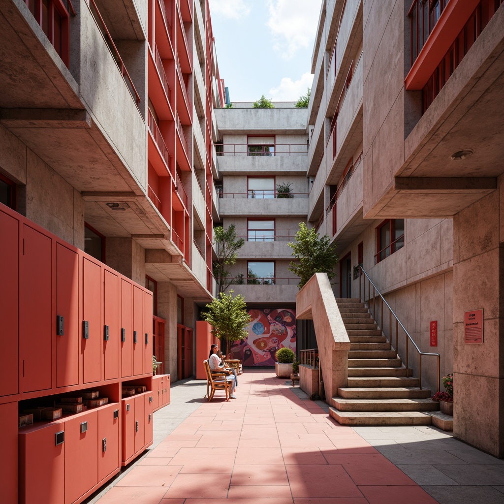 Prompt: Coral-hued brutalist university building, rugged concrete textures, bold coral accents, industrial metal frames, geometric staircases, minimalist corridors, educational signage, vibrant coral-colored lockers, modernist furniture, abstract coral-inspired murals, natural light pouring in, shallow depth of field, 3/4 composition, realistic shadows, ambient occlusion.