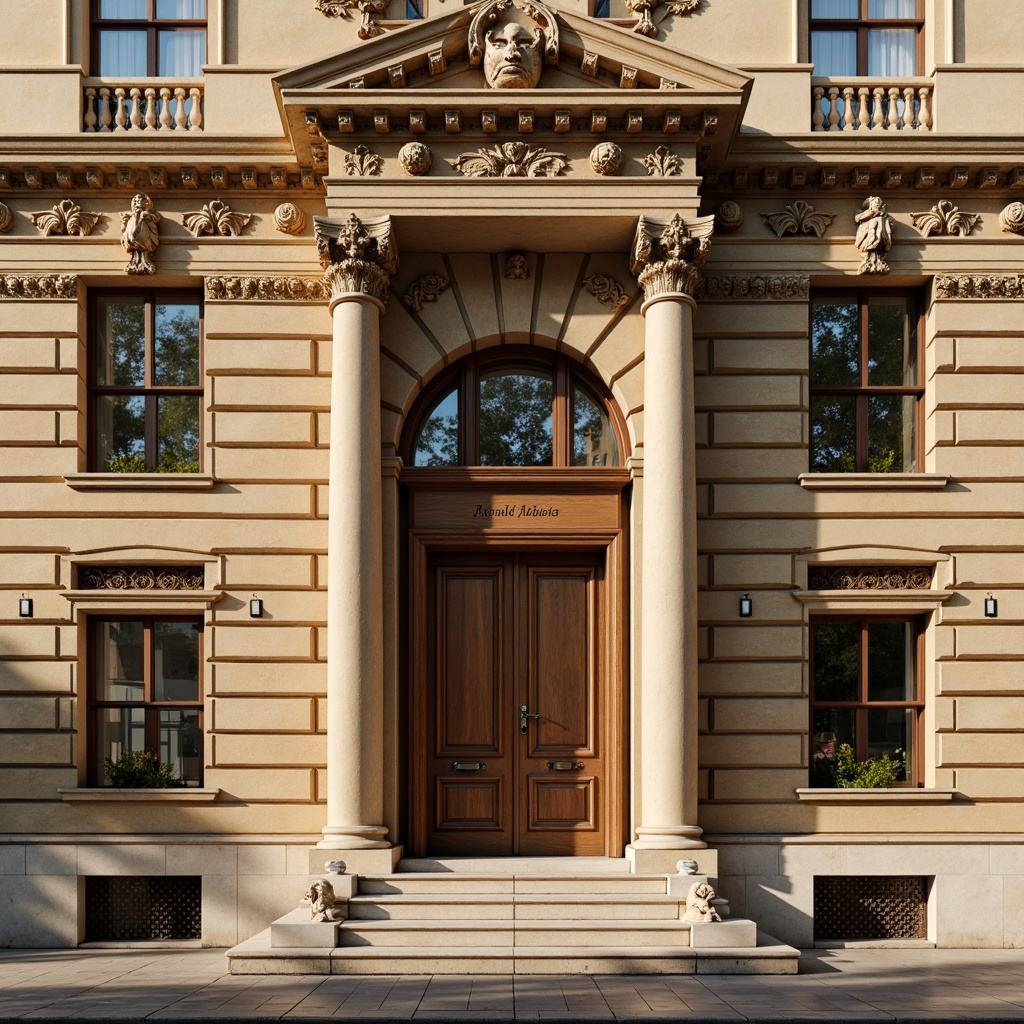 Prompt: Grandiose building facade, ornate columns, carved stone details, symmetrical composition, rusticated base, arched windows, ornamental pediments, classical pilasters, intricate moldings, soft golden lighting, warm beige tones, subtle shadowing, 1/1 composition, shallow depth of field, realistic textures, ambient occlusion.