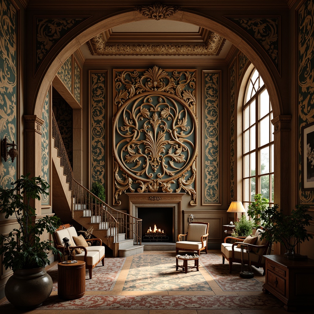 Prompt: Intricate organic patterns, flowing sinuous lines, sensual curves, botanical motifs, ornate details, luxurious materials, rich jewel tones, velvety textures, soft warm lighting, shallow depth of field, 3/4 composition, panoramic view, realistic renderings, ambient occlusion, French Renaissance inspiration, Victorian era elegance, nostalgic atmosphere, vintage aesthetic, dramatic archways, grandiose staircases, opulent furnishings.