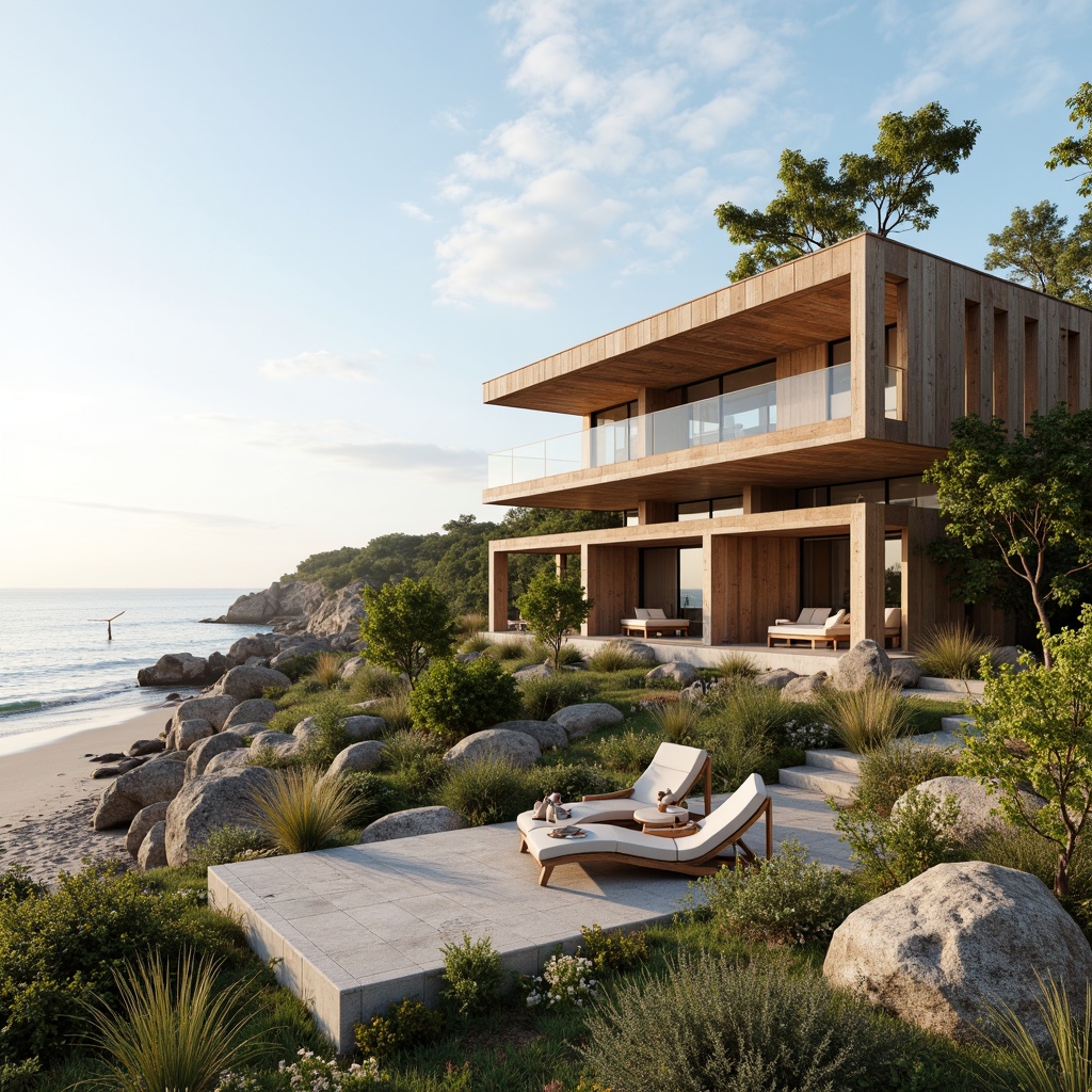 Prompt: Eco-friendly coastal villa, curved lines, natural materials, reclaimed wood accents, ocean-inspired color palette, energy-efficient systems, solar panels, wind turbines, rainwater harvesting systems, green roofs, living walls, organic shapes, minimalist interior design, recycled glass features, driftwood decorations, weathered steel exteriors, sandy beach surroundings, calm ocean views, gentle sea breeze, soft warm lighting, shallow depth of field, 1/1 composition, realistic textures, ambient occlusion.