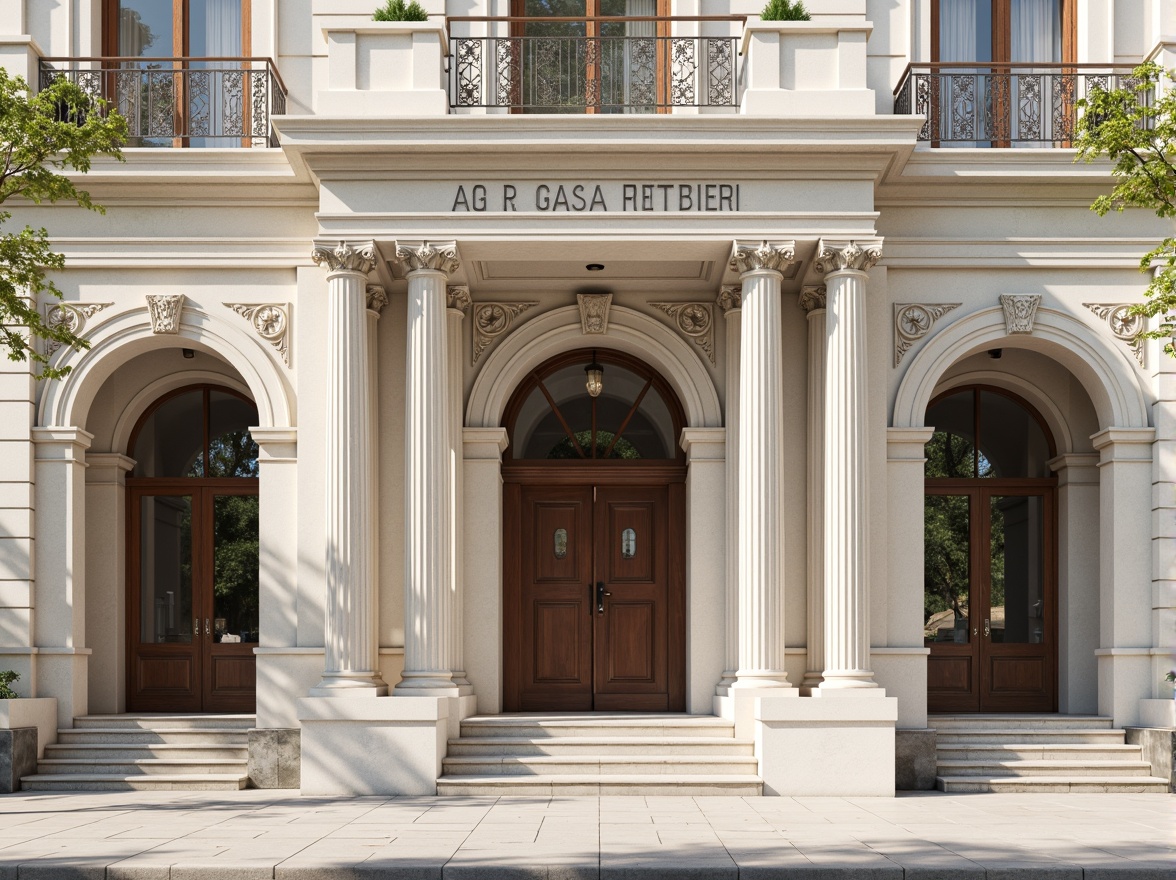 Prompt: Grandiose building facade, neoclassical architecture style, ornate decorations, Corinthian columns, carved stone details, symmetrical composition, grand entrance, sweeping arches, intricate moldings, subtle color palette, creamy whites, soft grays, beige tones, natural stone textures, classical proportions, harmonious balance, 1/1 composition, low-angle shot, warm soft lighting, subtle shadows, ambient occlusion.