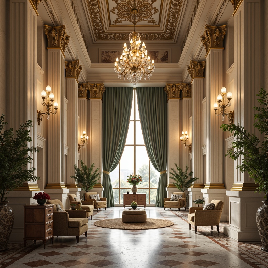 Prompt: Grandiose columns, ornate carvings, lavish furnishings, rich velvet drapes, opulent marble floors, majestic crystal chandeliers, soft warm golden lighting, subtle cream hues, muted sage greens, deep navy blues, elegant ivory whites, antique bronze accents, intricate moldings, symmetrical compositions, classical proportions, luxurious textiles, ornamental patterns, subtle gradient effects, realistic ambient occlusion.