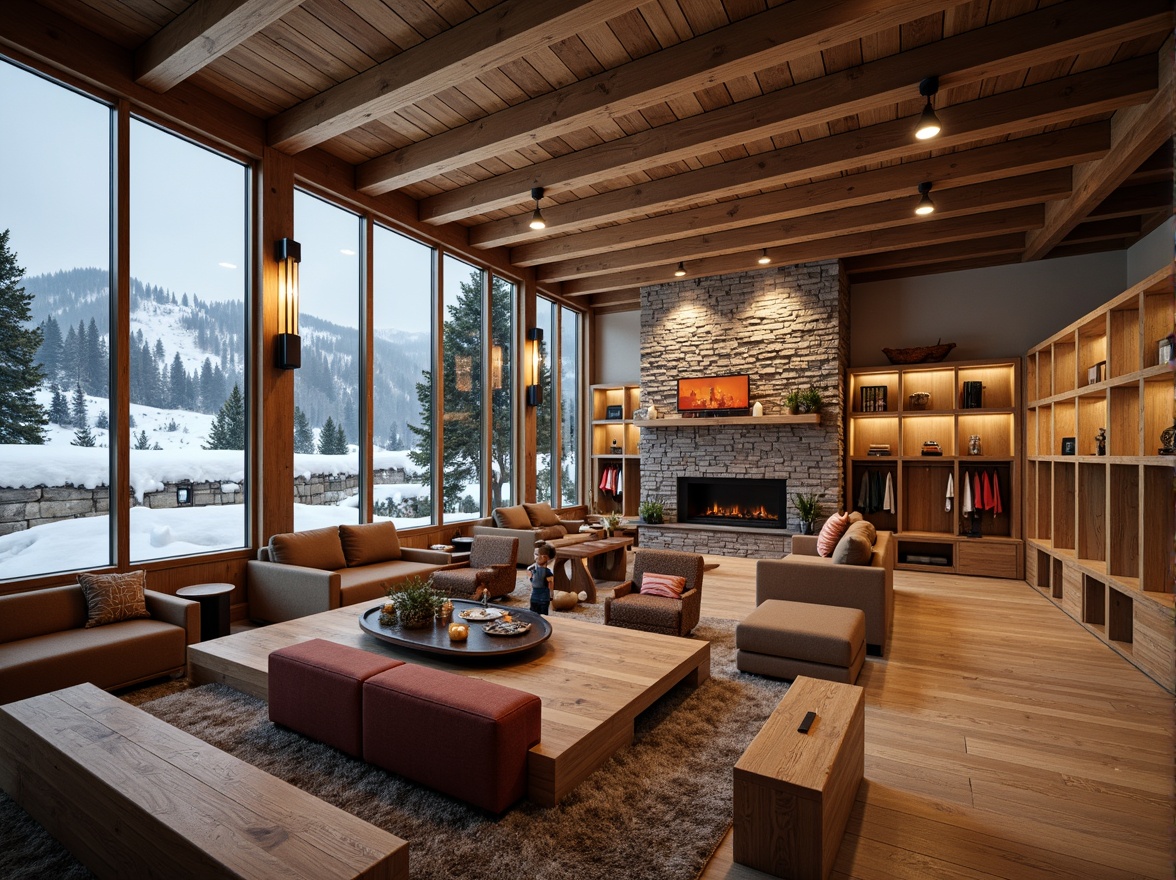 Prompt: Cozy ski lodge, wooden accents, rustic stone fireplace, plush couches, warm lighting, snowy mountain views, large windows, ski equipment storage, wooden lockers, modern amenities, sleek metal fixtures, minimalist decor, comfortable seating areas, hot chocolate stations, wooden tables, benches, nature-inspired color palette, earthy tones, natural materials, warm textiles, soft ambiance, shallow depth of field, 1/1 composition, realistic textures, ambient occlusion.