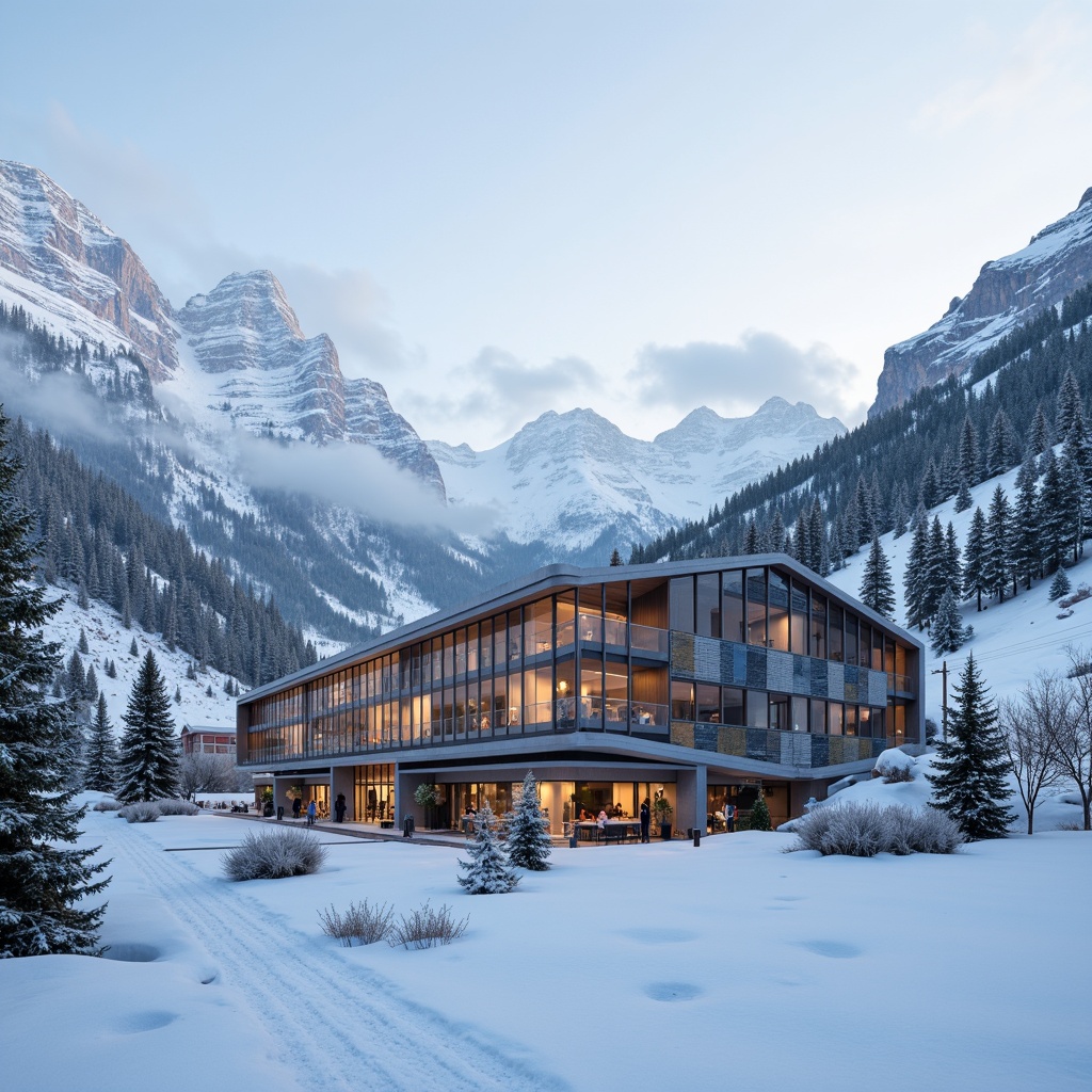 Prompt: Snow-capped mountains, frosty winter morning, sleek modern ski center, angular lines, minimalist design, large glass windows, metallic facade, snowflake-inspired patterns, icy blue accents, wooden accents, rustic charm, functional balconies, ski lift infrastructure, mountainous terrain, misty atmosphere, soft warm lighting, shallow depth of field, 3/4 composition, panoramic view, realistic textures, ambient occlusion.