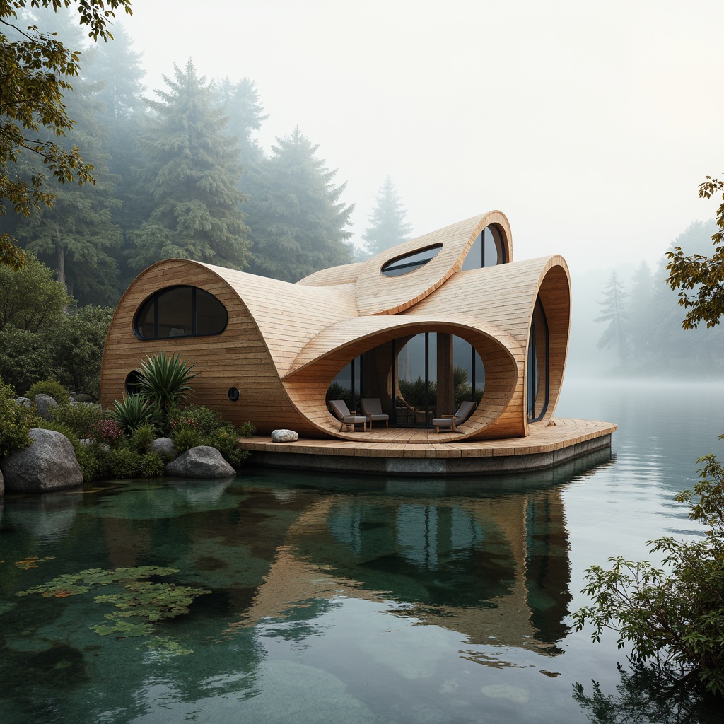 Prompt: Curvaceous boathouse, undulating rooflines, irregular shapes, natural wood textures, waterfront location, serene lake views, misty mornings, soft warm lighting, shallow depth of field, 1/1 composition, realistic water reflections, ambient occlusion, organic forms, blobitecture elements, fluid curves, playful structures, whimsical design, earthy color palette, rusted metal accents, weathered wood details, lush greenery surroundings, vibrant aquatic life.