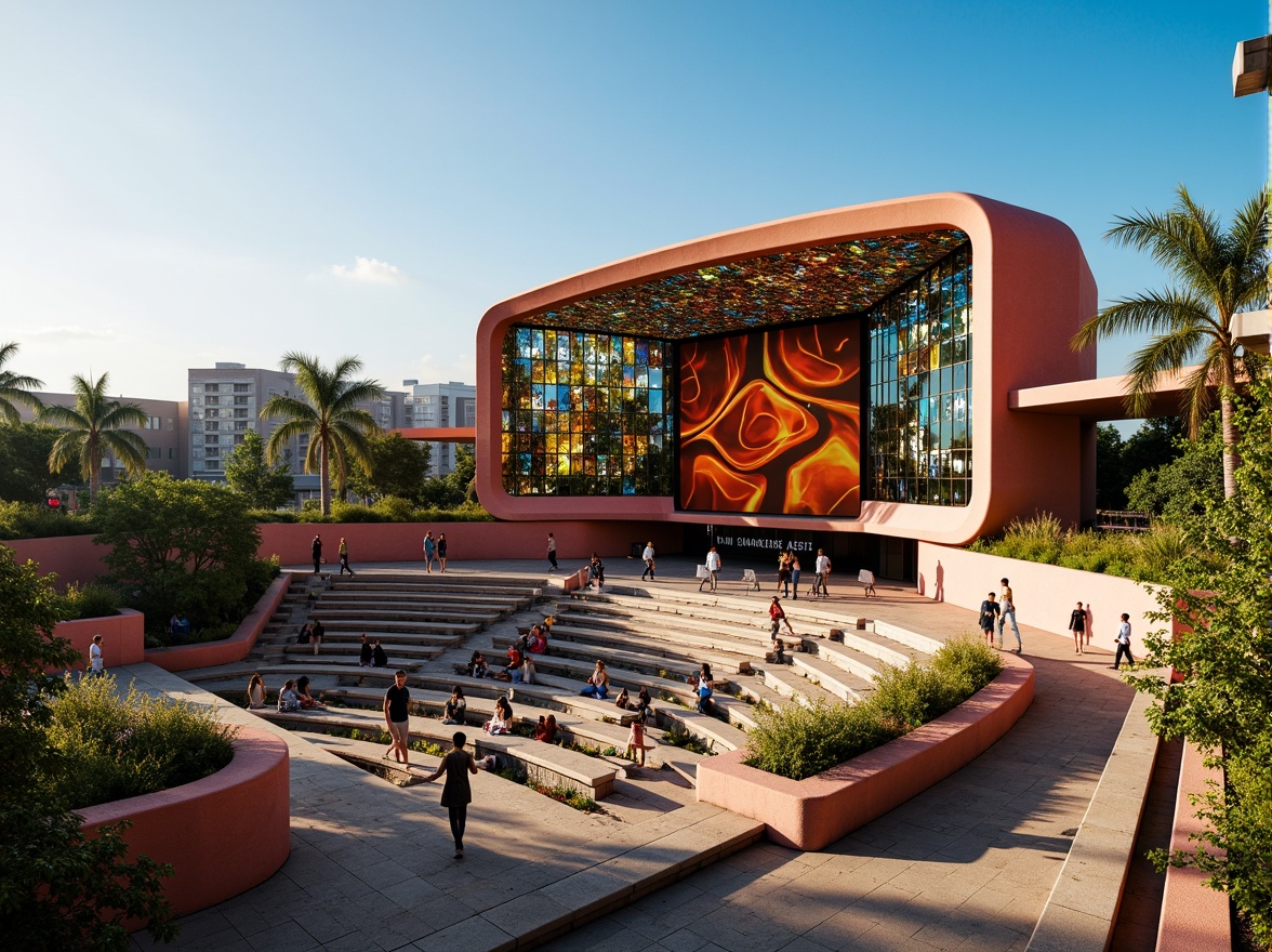 Prompt: Curved amphitheater facade, eclectic architectural style, bold color blocking, irregular shapes, dynamic LED lighting, futuristic metallic accents, abstract patterned glass, cantilevered seating areas, grand staircase, open-air performance space, lush greenery, tropical plants, warm sunny day, soft natural light, shallow depth of field, 1/1 composition, cinematic view, realistic textures, ambient occlusion.