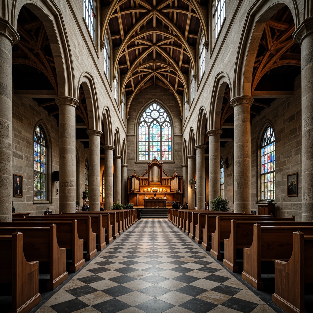 Prompt: Weathered stone fa\u00e7ade, intricate Gothic arches, stained glass windows, ornate wooden pews, polished marble floors, rustic brick walls, vaulted ceilings, grandiose pipe organs, dramatic lighting contrasts, warm golden tones, cool blue hues, natural textures, geometric patterns, symmetrical composition, high-angle shots, atmospheric perspective, mystical ambiance, spiritual essence.