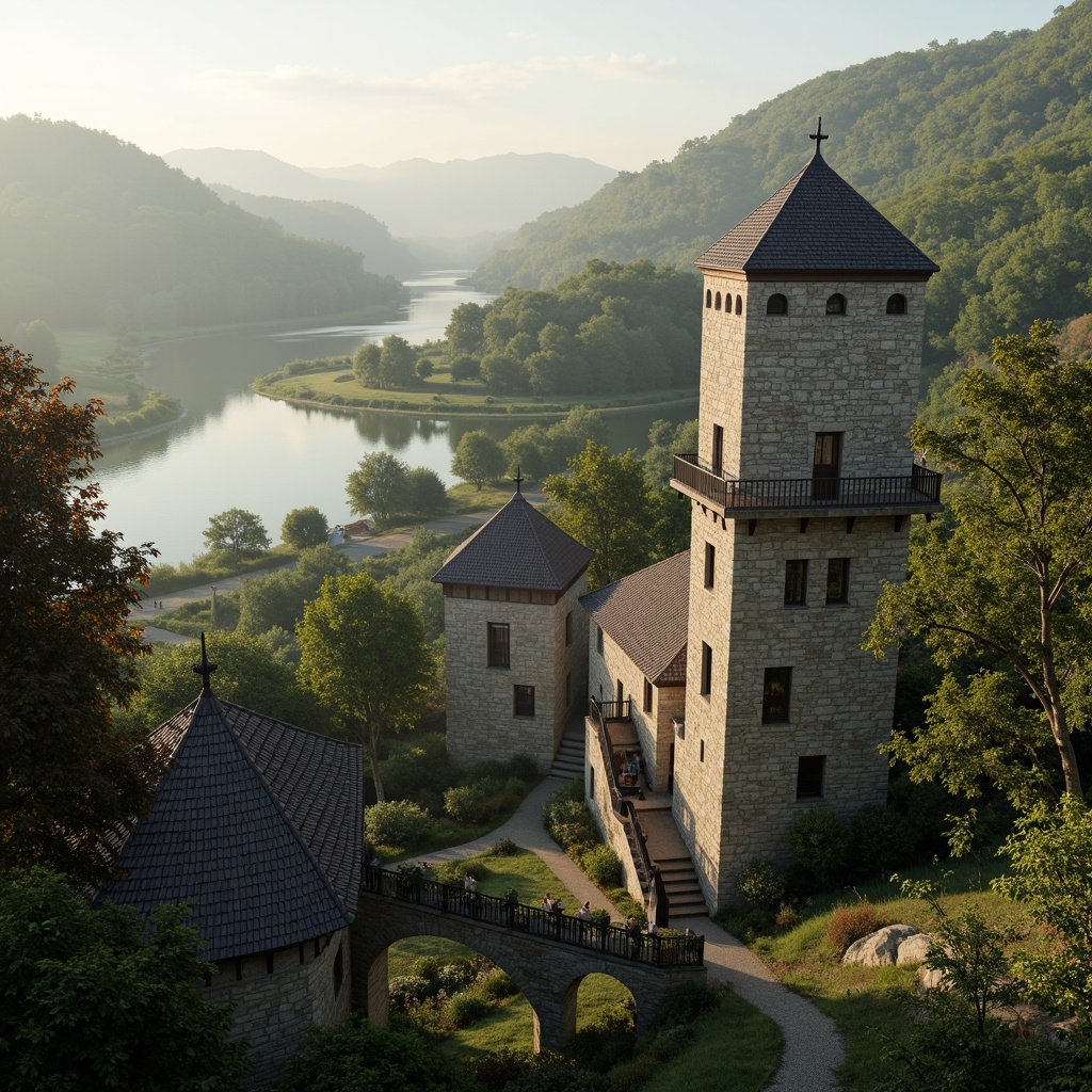 Prompt: Majestic watchtowers, rustic stone walls, winding staircases, medieval architecture, rolling hills, lush green forests, serene lakeside, misty morning atmosphere, soft warm lighting, shallow depth of field, 3/4 composition, panoramic view, realistic textures, ambient occlusion.