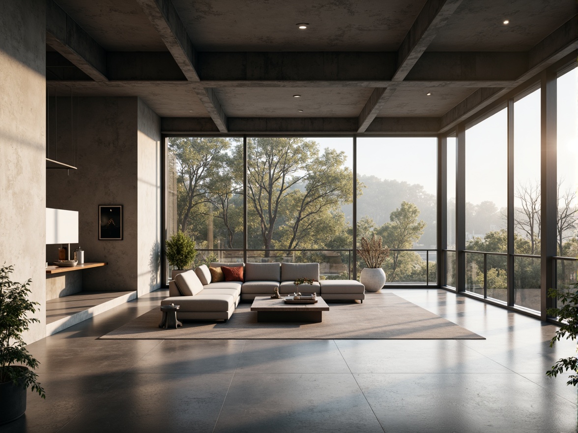 Prompt: Minimalist residence, sleek lines, monochromatic color scheme, polished concrete floors, industrial metal beams, floor-to-ceiling windows, natural light pouring in, open-plan living area, low-profile furniture, hidden storage compartments, geometric shapes, subtle textures, calming ambiance, soft warm lighting, shallow depth of field, 1/1 composition, realistic reflections, ambient occlusion.