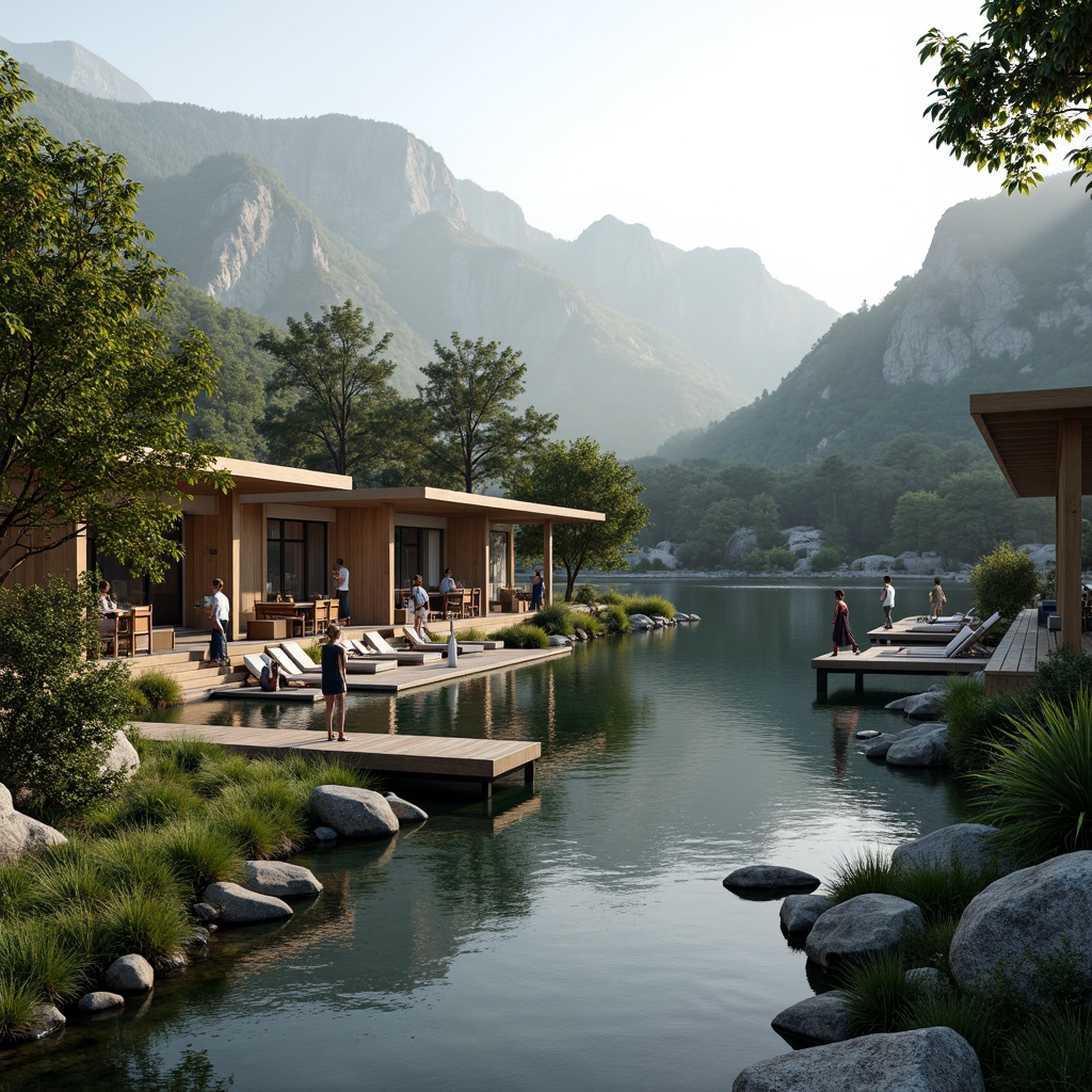 Prompt: Mountainous landscape, lush green hills, serene lakeside, wooden docks, outdoor seating areas, modern architectural design, cantilevered roofs, floor-to-ceiling windows, natural stone walls, rustic wood accents, earthy color palette, warm ambient lighting, soft focus effect, 1/1 composition, symmetrical framing, vibrant flora, gentle water ripples, misty morning atmosphere, realistic rock textures, ambient occlusion.