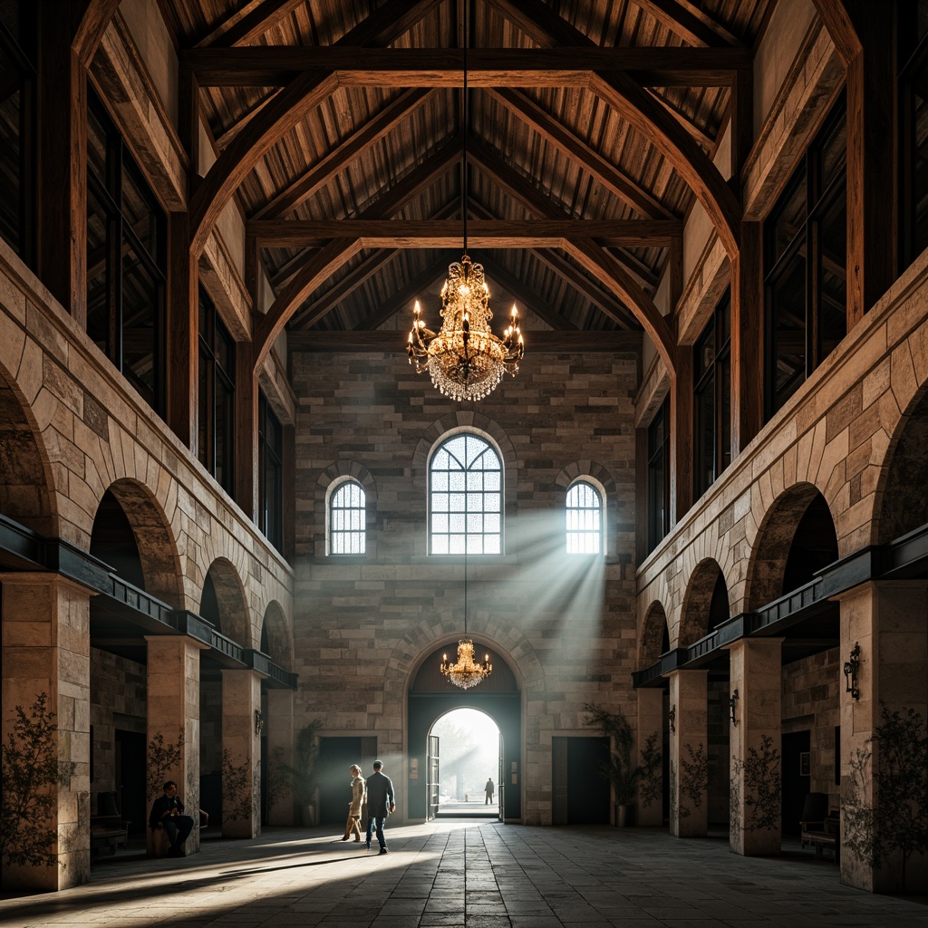 Prompt: Vaulted ceilings, exposed trusses, rustic wooden beams, industrial metal frames, grandiose chandeliers, stained glass windows, arched doorways, distressed brick walls, ornate stone carvings, dramatic lighting, atmospheric mist, mysterious shadows, 1/1 composition, symmetrical framing, warm color palette, rich textures, ambient occlusion.