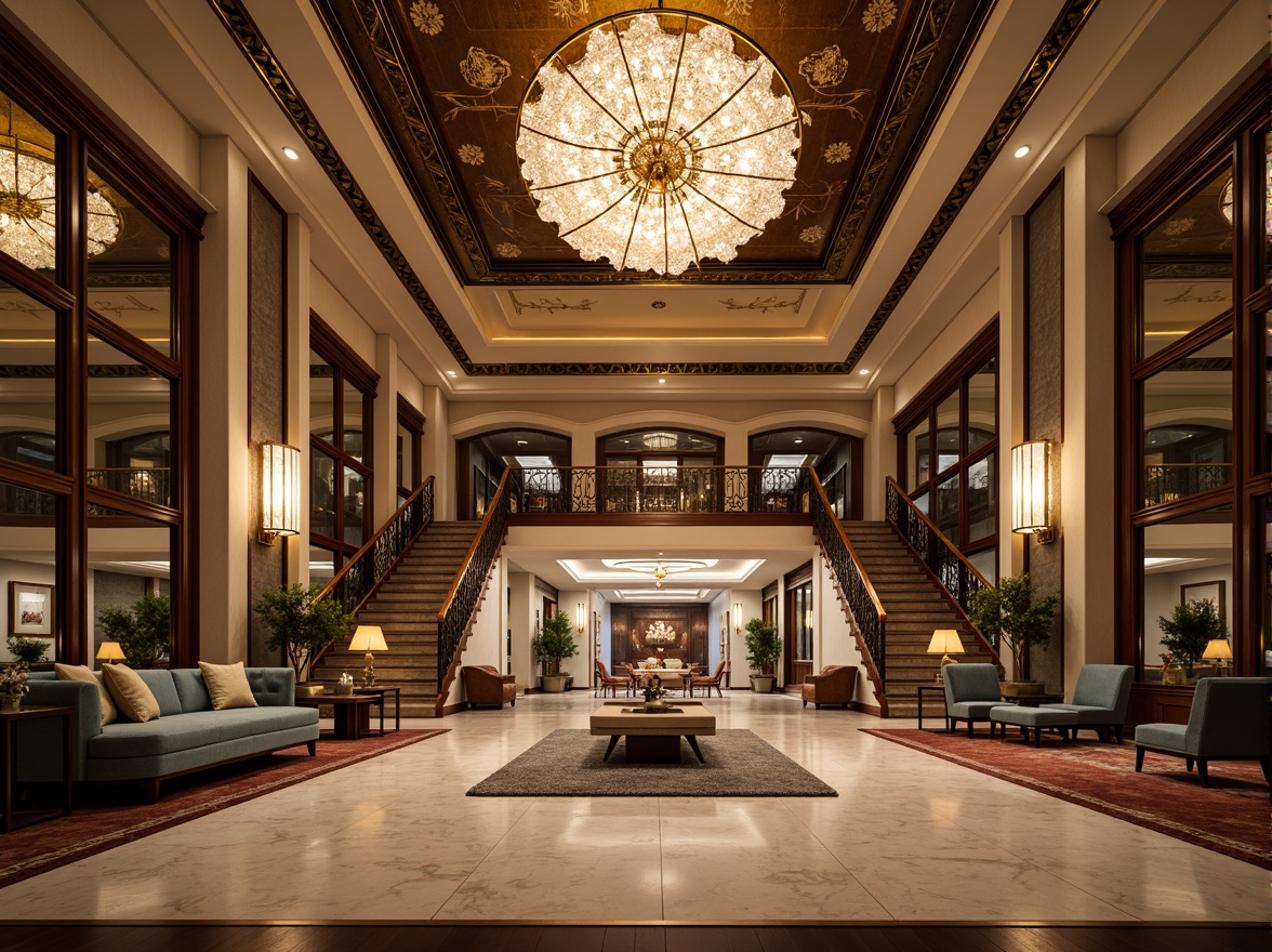 Prompt: Luxurious hotel lobby, grand chandelier, ornate mirrors, marble flooring, intricate moldings, lavish furnishings, plush carpets, elegant staircases, crystal lighting fixtures, polished metal accents, opulent textures, warm ambient lighting, shallow depth of field, 1/2 composition, symmetrical framing, realistic reflections, soft focus background.