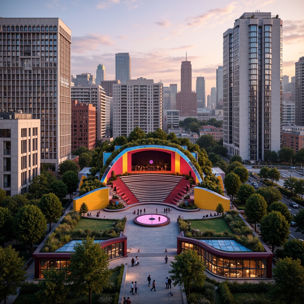 Prompt: Vibrant amphitheater facade, eclectic architectural style, bold color blocking, irregular shapes, dynamic LED lighting, translucent canopies, undulating rooflines, cantilevered seating areas, futuristic metal mesh cladding, iridescent glass panels, parametric design elements, 3D-printed components, sustainable building materials, lush green roofs, vertical gardens, panoramic city views, warm golden hour lighting, shallow depth of field, cinematic composition, realistic textures, ambient occlusion.