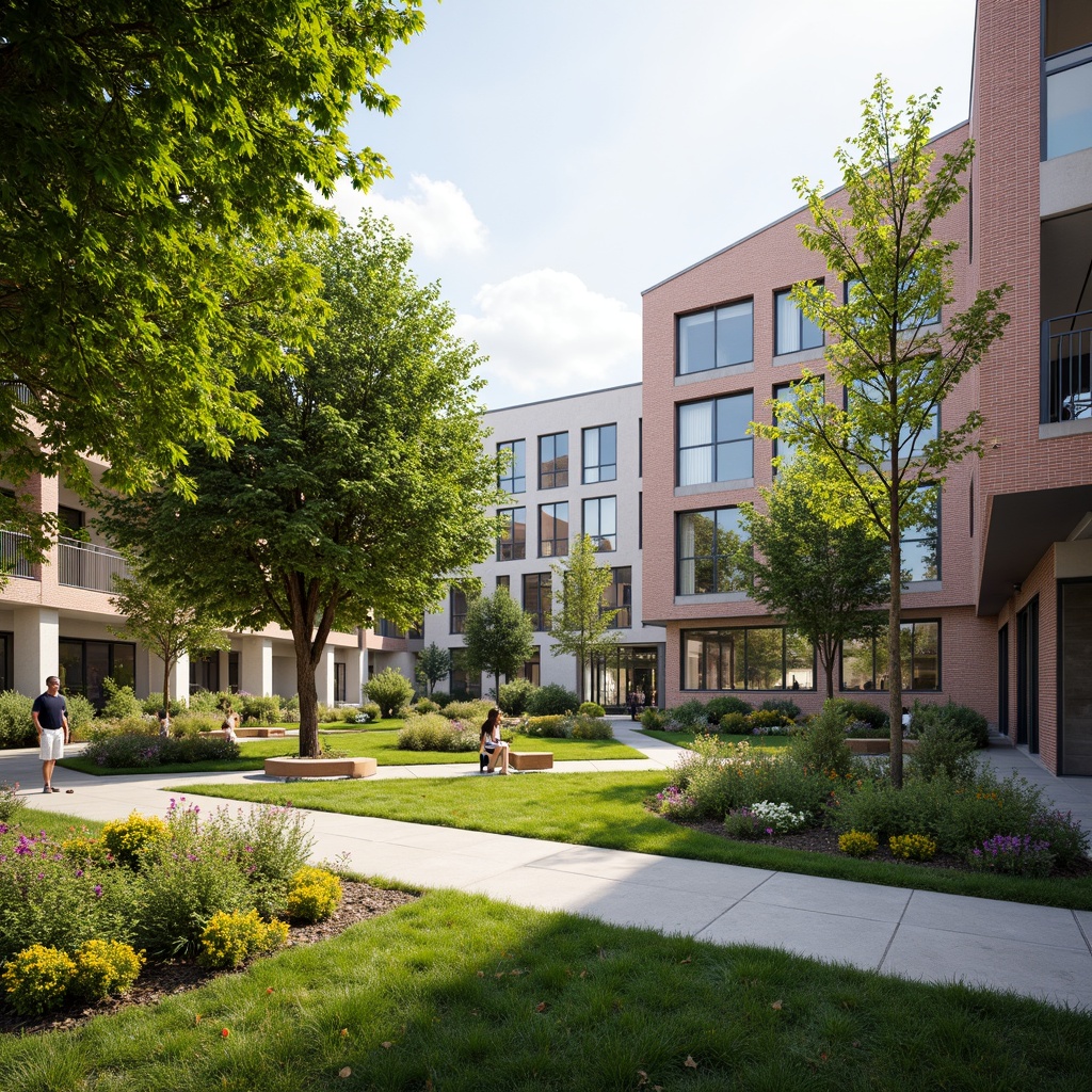 Prompt: Vibrant university campus, lush green lawns, blooming flowerbeds, modern outdoor furniture, shaded walkways, wooden benches, educational signage, natural stone pathways, brick buildings, contemporary architecture, large windows, glass doors, sunny day, soft warm lighting, shallow depth of field, 3/4 composition, panoramic view, realistic textures, ambient occlusion.