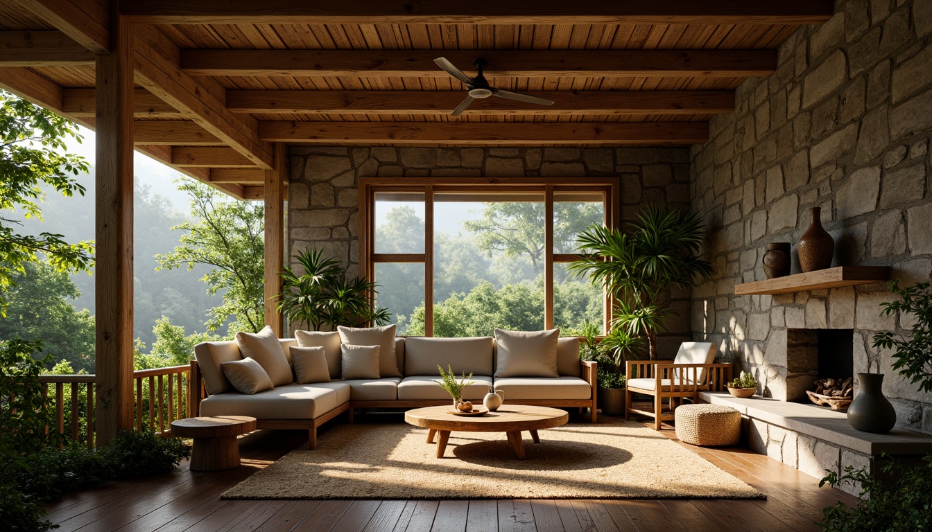 Prompt: Rustic wooden cabin, natural stone walls, earthy tones, lush greenery, reclaimed wood accents, bamboo flooring, woven rattan furniture, organic textures, soft warm lighting, cozy atmosphere, secluded forest surroundings, misty morning dew, shallow depth of field, 1/1 composition, realistic wood grain, ambient occlusion.