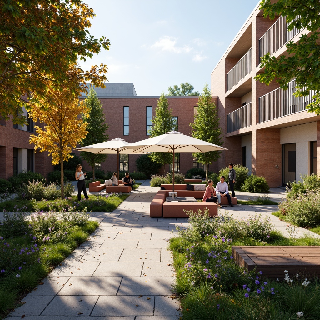 Prompt: Vibrant campus courtyard, lush greenery, blooming flowers, modern seating areas, wooden benches, educational signage, natural stone walkways, brick buildings, large umbrellas, warm lighting, shallow depth of field, 3/4 composition, panoramic view, realistic textures, ambient occlusion.