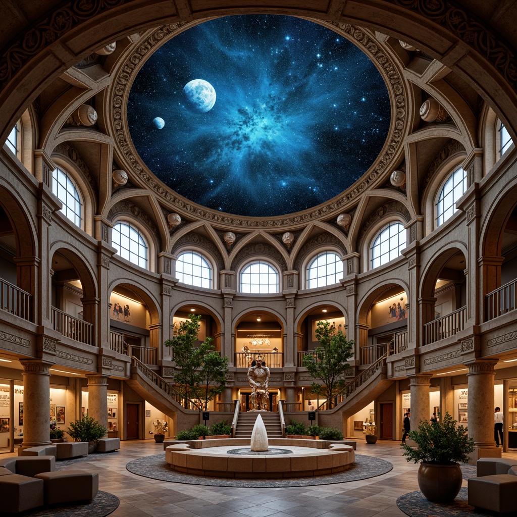 Prompt: Dome-shaped planetarium, Romanesque arches, ornate stone carvings, grand entrance halls, celestial body exhibits, astronomical instruments, dark blue ceilings, starry night skies, soft warm lighting, shallow depth of field, 3/4 composition, panoramic view, realistic textures, ambient occlusion, intricate mosaics, curved staircases, marble floors, majestic columns, vaulted ceilings, ornate frescoes, circular seating areas, interactive displays, educational signage, cosmic-inspired sculptures, ancient astronomical artifacts.