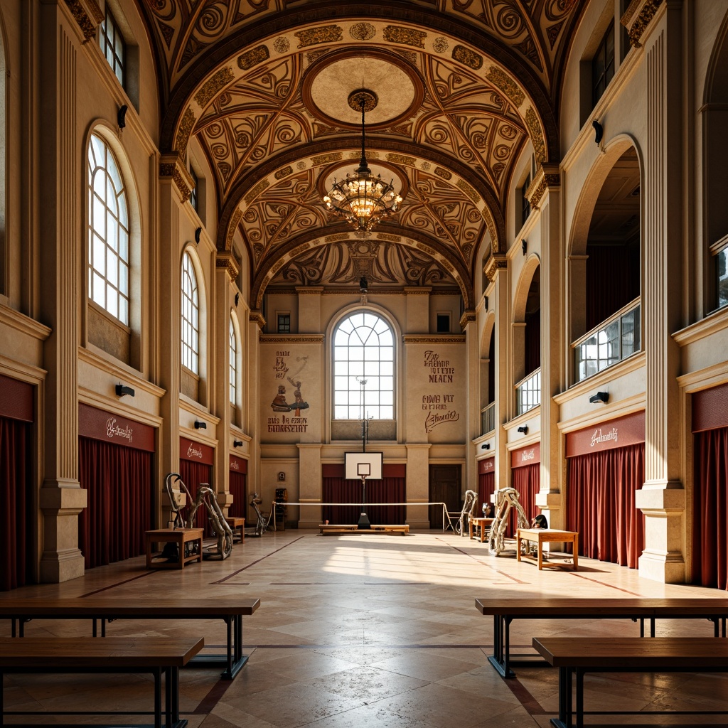 Prompt: Grandiose gymnasium, classical Renaissance style, ornate columns, intricate carvings, vaulted ceilings, majestic archways, polished marble floors, warm golden lighting, dramatic shadows, athletic equipment, basketball hoops, volleyball nets, exercise machines, wooden benches, motivational quotes, elegant chandeliers, rich velvet curtains, regal color schemes, symmetrical composition, 1/2 camera angle, soft focus, realistic textures, ambient occlusion.