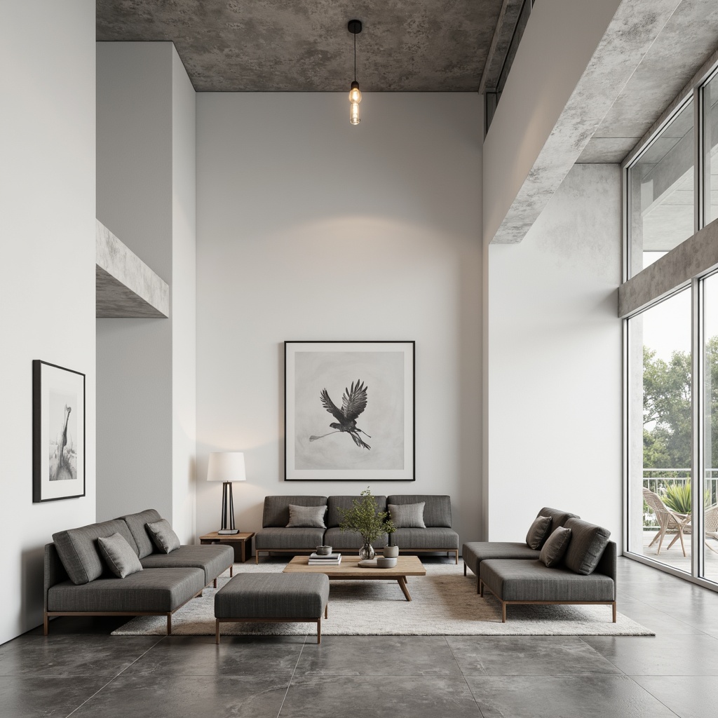 Prompt: Monochromatic interior, sleek lines, polished concrete floors, matte white walls, subtle texture variations, minimalist decorative accents, modern Scandinavian furniture, low-profile sofas, minimalist coffee tables, industrial metal lighting fixtures, soft warm ambient lighting, shallow depth of field, 1/1 composition, realistic textures, ambient occlusion.