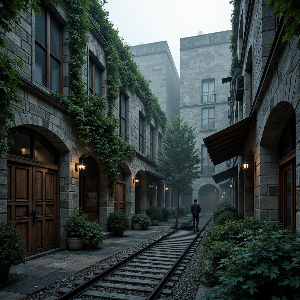 Prompt: Rustic warehouse Gothic buildings, overgrown ivy walls, crumbling stone foundations, mysterious archways, ornate metal gates, weathered wooden doors, industrial chic landscaping, reclaimed railway tracks, urban decay aesthetics, distressed concrete textures, moody evening lighting, low-key shadows, cinematic atmosphere, 1/2 composition, wide-angle lens, muted color palette, foggy misty effects.