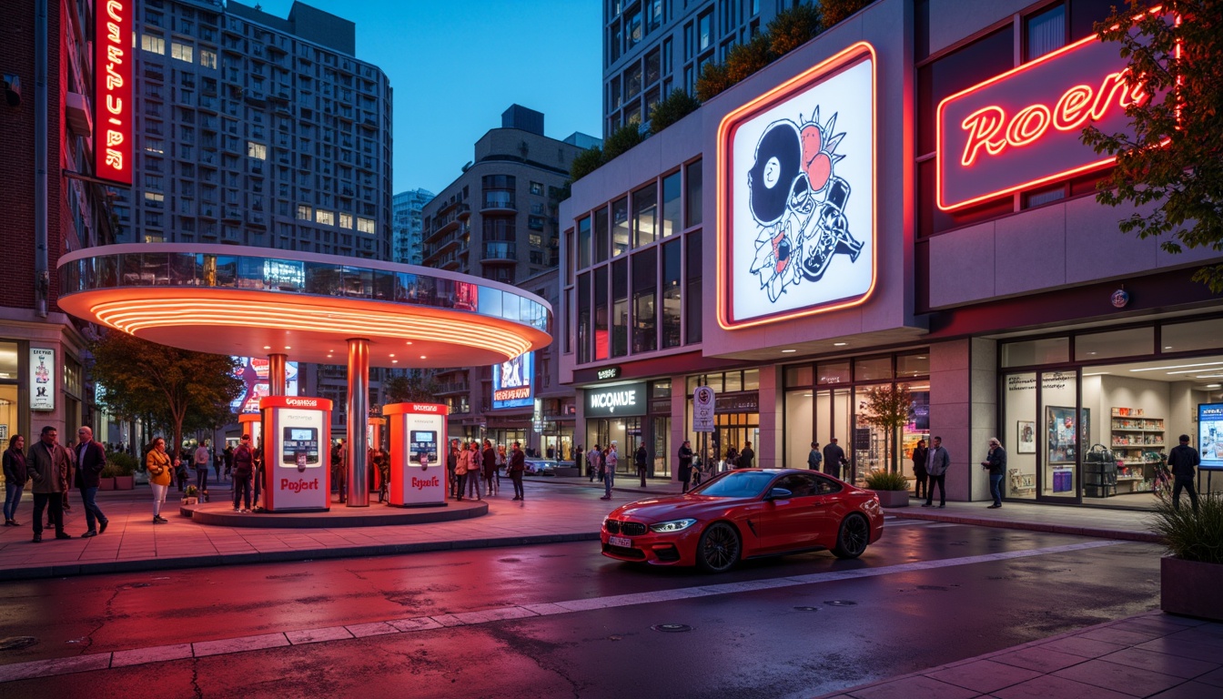 Prompt: Vibrant fuel pumps, sleek modern architecture, bold neon signage, retro-futuristic accents, polished chrome details, dynamic LED lighting, urban cityscape backdrop, bustling street activity, morning sunlight, shallow depth of field, 1/1 composition, realistic reflections, ambient occlusion.