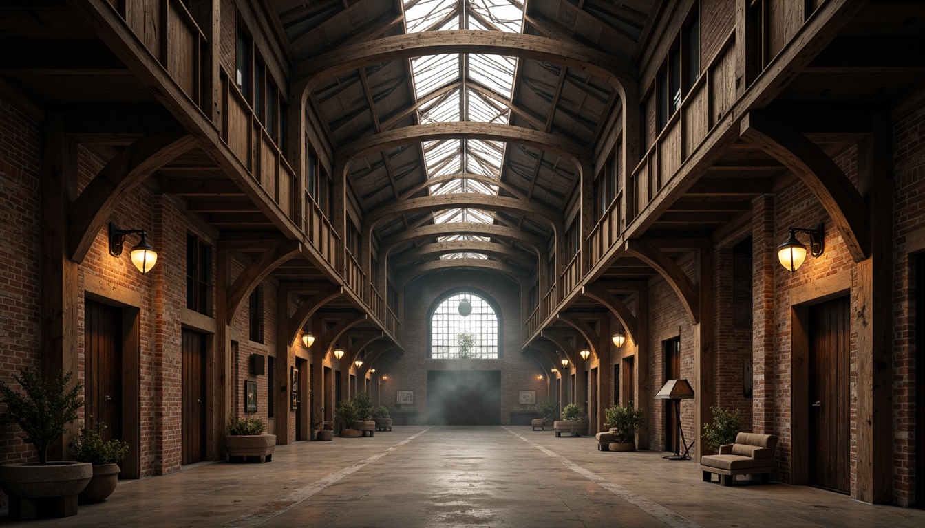 Prompt: Rustic warehouse interior, exposed truss systems, wooden beam structures, industrial steel frames, vaulted ceilings, stained glass windows, ornate metal brackets, distressed brick walls, weathered wood textures, dim warm lighting, atmospheric fog, high contrast shadows, dramatic archways, grandiose scale, 1/2 composition, cinematic view, realistic materials, ambient occlusion.