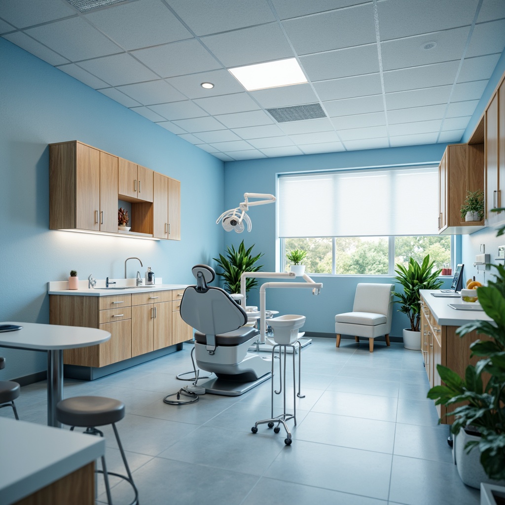 Prompt: Calming dental clinic atmosphere, soft blue hues, gentle whites, creamy pastels, natural wood accents, sleek metal equipment, modern minimalist decor, warm LED lighting, shallow depth of field, 1/1 composition, realistic textures, ambient occlusion.