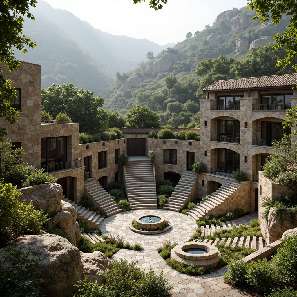 Prompt: Amphitheater complex, eclectic architecture style, rugged stone walls, verdant green roofs, curved seating areas, ornate fountains, grand staircases, intricate mosaic patterns, vibrant colored glass tiles, natural rock formations, lush vegetation, blooming wildflowers, misty morning atmosphere, soft warm lighting, shallow depth of field, 3/4 composition, panoramic view, realistic textures, ambient occlusion.