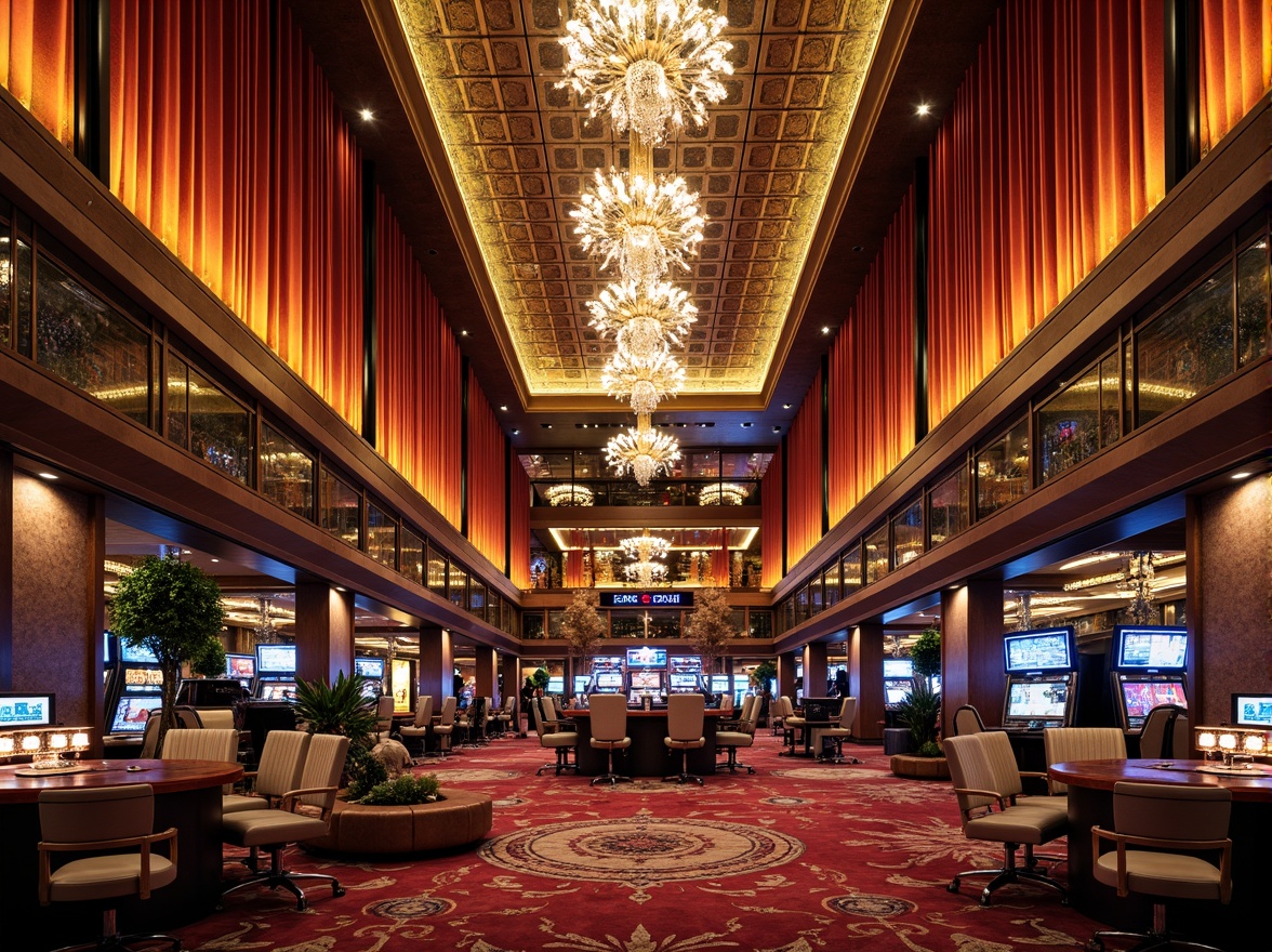 Prompt: Luxurious casino interior, opulent chandeliers, lavish furnishings, rich velvet drapes, ornate gold accents, marble flooring, intricate mosaics, grand staircases, lavish fountains, vibrant neon lights, dramatic spotlights, high-contrast color scheme, bold geometric patterns, ornamental mirrors, luxurious textiles, metallic surfaces, sophisticated ambiance, cinematic lighting, 1/2 composition, low-angle shot, detailed textures, ambient occlusion.