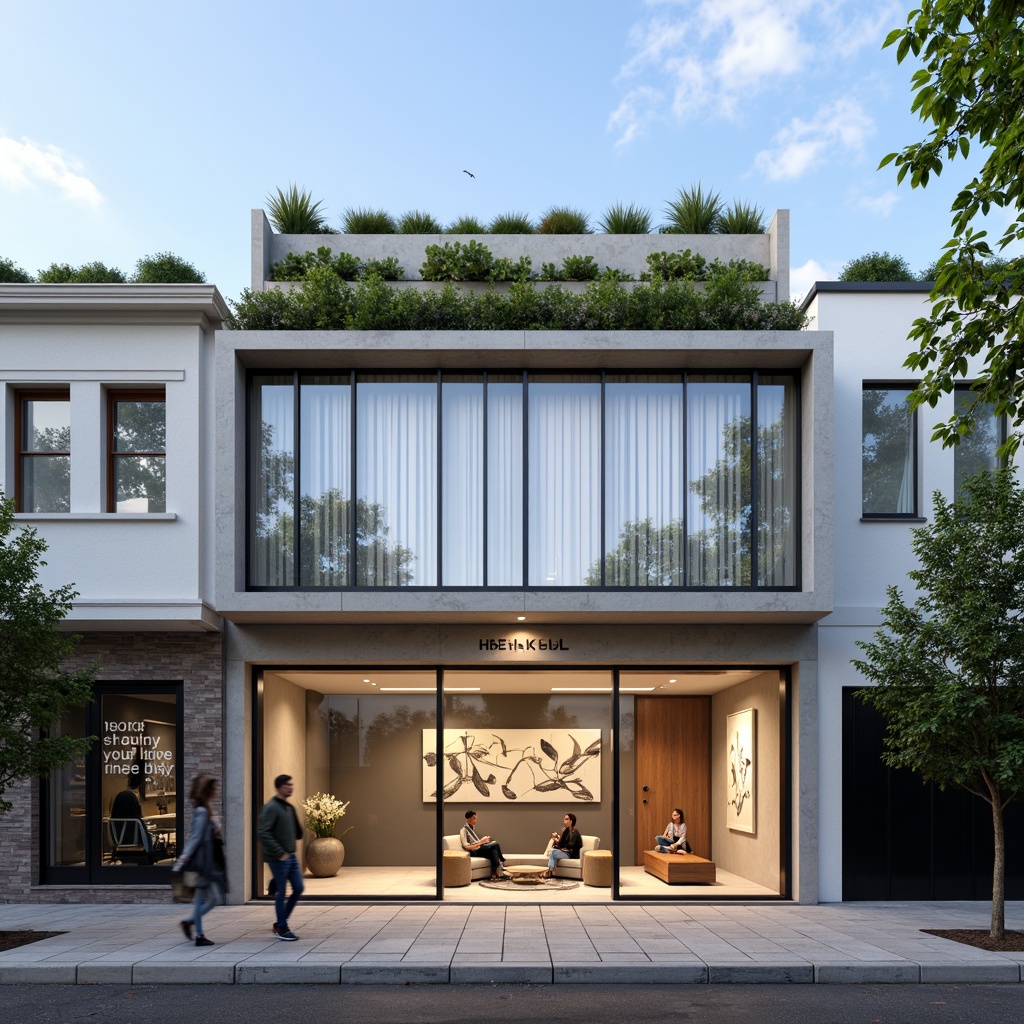 Prompt: Minimalist clinic facade, clean lines, rectangular forms, large glass windows, sliding doors, metal frames, sleek signage, modern typography, urban cityscape, busy streets, morning sunlight, soft shadows, shallow depth of field, 1/1 composition, realistic materials, ambient occlusion, subtle color palette, calming atmosphere, natural stone walls, green roofs, rainwater harvesting systems, innovative glazing technologies, futuristic LED lighting, geometric patterns, abstract artwork.Please let me know if this meets your requirements.