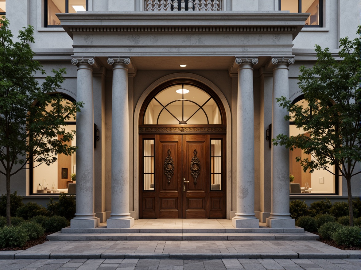 Prompt: Elegant neoclassical facade, ornate columns, symmetrical composition, grand entrance, rusticated base, decorative pilasters, carved stone details, classical pediment, sweeping arches, ornamental metalwork, subtle cornice, soft warm lighting, 1/1 composition, shallow depth of field, realistic textures, ambient occlusion.