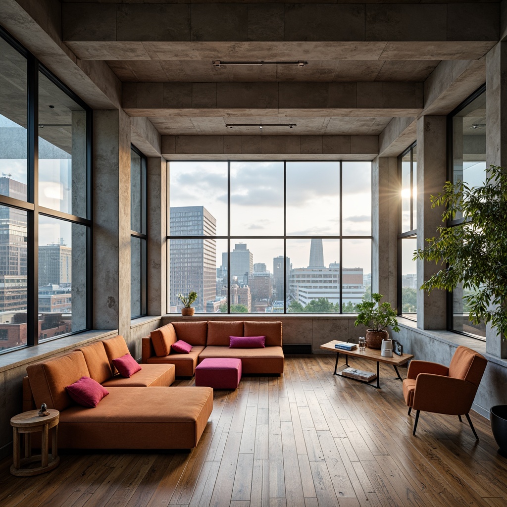 Prompt: Bauhaus-style building, exposed concrete walls, industrial metal beams, polished wooden floors, minimalist interior design, functional furniture pieces, geometric-shaped decorations, bold color accents, large windows with steel frames, natural light pouring in, modernist architecture, urban cityscape background, cloudy sky with subtle sunlight, soft focus effect, 1/1 composition, dramatic shadows, high-contrast lighting.