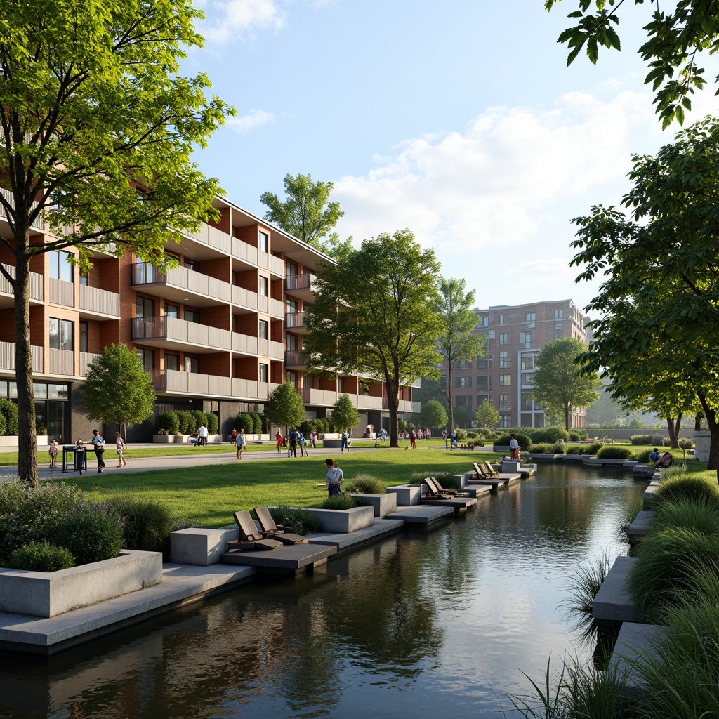 Prompt: Scenic riverbank, serene waterfront, lush greenery, walking trails, benches, recreational spaces, modern architecture, glass facades, cantilevered balconies, expansive windows, sliding doors, natural stone walls, wood accents, vibrant colors, warm lighting, shallow depth of field, 1/1 composition, panoramic view, realistic textures, ambient occlusion.