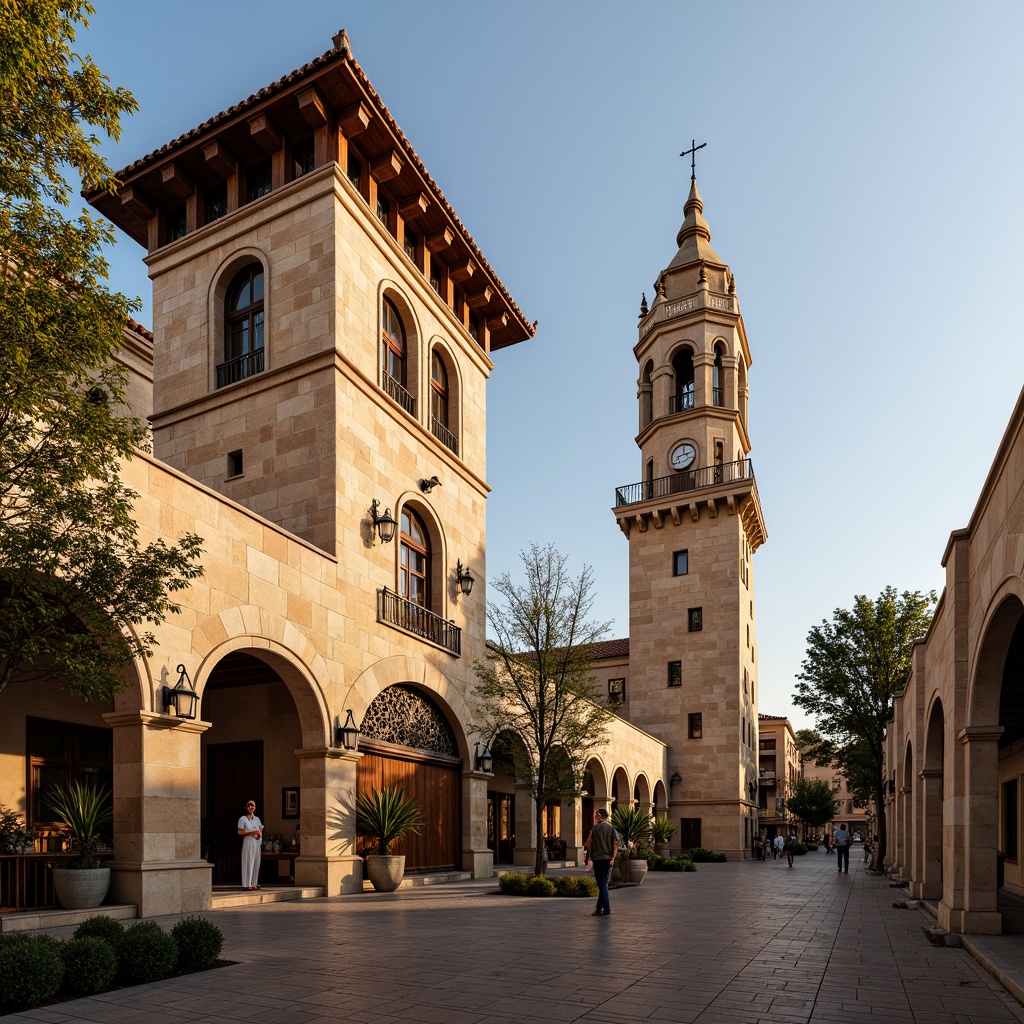 Prompt: Renaissance-style watching towers, ornate stone facades, intricately carved wooden doors, grand archways, rustic terracotta roofs, majestic clock towers, ornamental lanterns, classical columns, decorative cornices, richly textured stonework, warm golden lighting, soft afternoon sun, shallow depth of field, 1/2 composition, symmetrical framing, realistic stone textures, ambient occlusion.