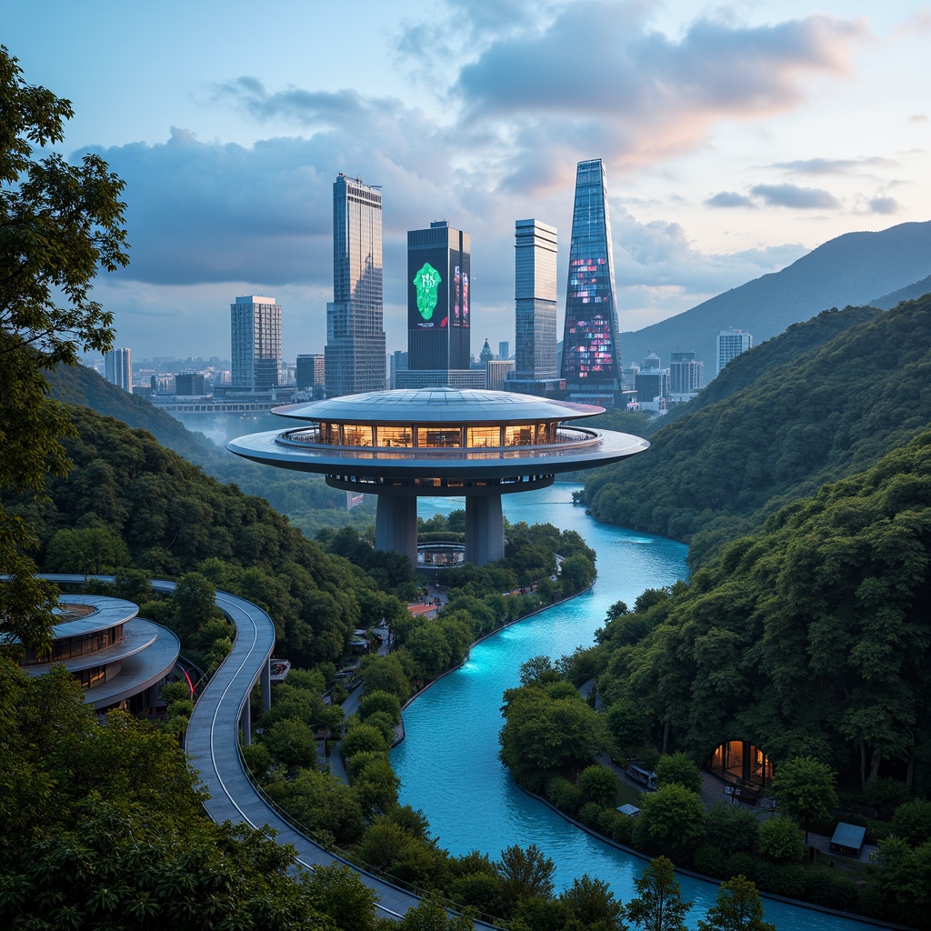 Prompt: Futuristic landscape, rolling hills, sleek metallic skyscrapers, neon-lit cityscape, misty atmospheric effects, iridescent colors, holographic advertisements, levitating transportation pods, towering trees with glowing leaves, winding water features, modernist architecture, curved lines, minimalist design, sustainable energy harvesting, solar panels, wind turbines, green roofs, eco-friendly materials, innovative cooling systems, shaded outdoor spaces, vibrant colorful accents, intricate geometric patterns, 3/4 composition, shallow depth of field, panoramic view, realistic textures, ambient occlusion.