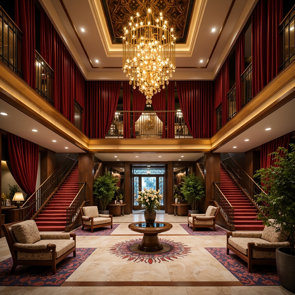 Prompt: Luxurious hotel lobby, ornate chandeliers, metallic accents, geometric patterns, rich wood paneling, velvet drapes, grand staircases, lavish furnishings, exotic marble floors, intricate moldings, gilded details, vibrant jewel tones, warm golden lighting, cinematic composition, shallow depth of field, 1/2 camera angle, realistic textures, ambient occlusion.