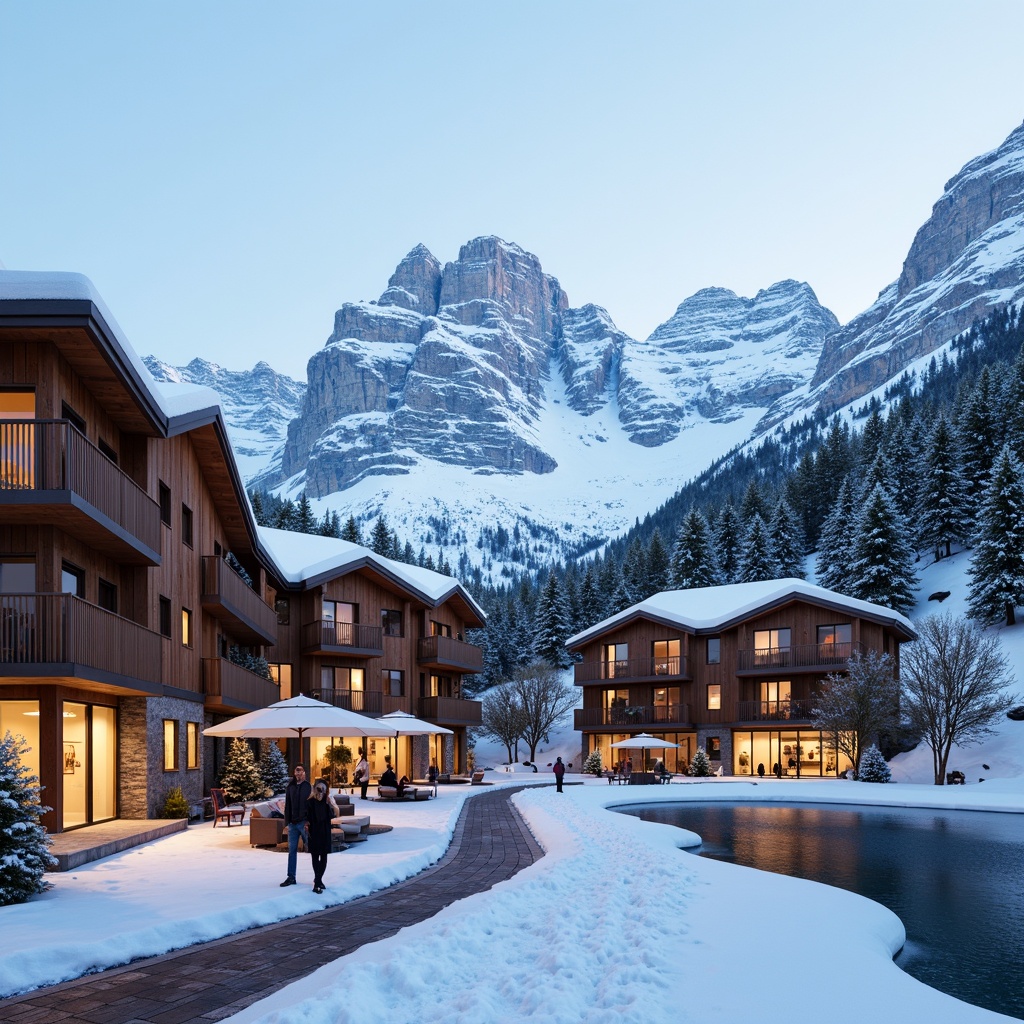 Prompt: Snow-capped mountain peaks, wooden ski lodges, rustic stone walls, sloping roofs, snowflake patterns, warm cozy interiors, fireplaces, wooden beams, pinecone decorations, vibrant winter sports equipment, frozen lakes, snow-covered trees, frosty mornings, soft powdery snow, gentle snowfall, 3/4 composition, symmetrical architecture, modern minimalist facades, large glass windows, steel frames, mountain-inspired color schemes, earthy tones, natural textures, ambient occlusion.