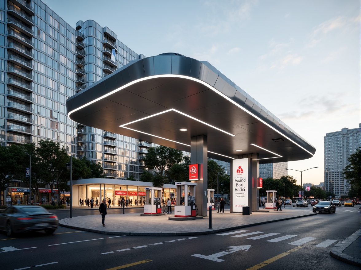 Prompt: Sleek modern gas station, curved metallic fa\u00e7ade, dynamic LED lighting, angular lines, minimalist aesthetic, futuristic vibe, urban landscape, busy streets, cityscape background, morning sunlight, soft warm glow, shallow depth of field, 3/4 composition, panoramic view, realistic reflective surfaces, ambient occlusion, modern typography, bold branding, clean lines, geometric patterns, innovative signage systems, eco-friendly materials, sustainable energy solutions.