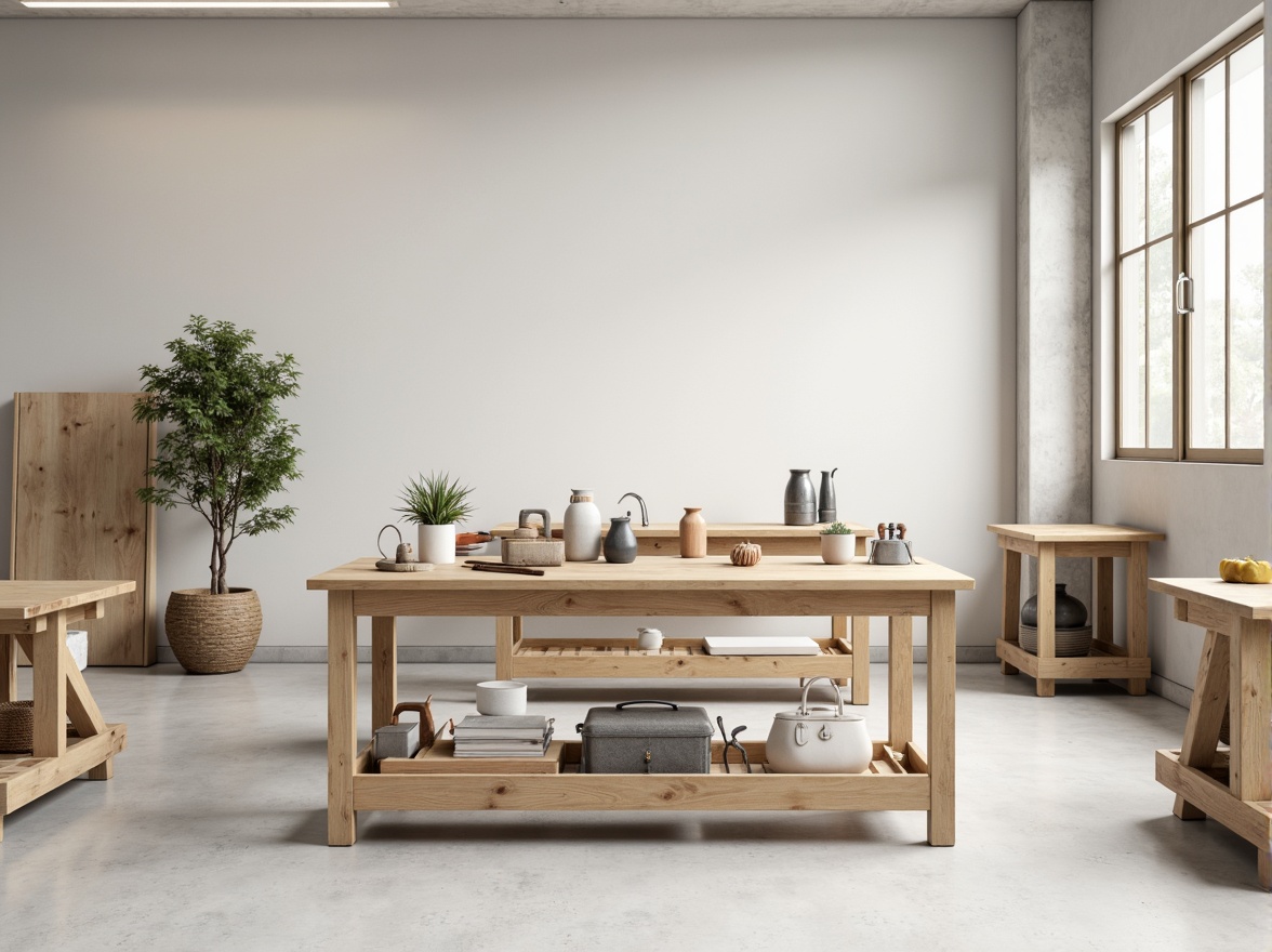 Prompt: Monochromatic color scheme, soft pastel hues, creamy whites, subtle grays, natural wood accents, industrial metal tones, minimalist workshop setup, wooden workbenches, simple tool arrangements, plenty of negative space, softbox lighting, shallow depth of field, 1/1 composition, realistic textures, ambient occlusion.