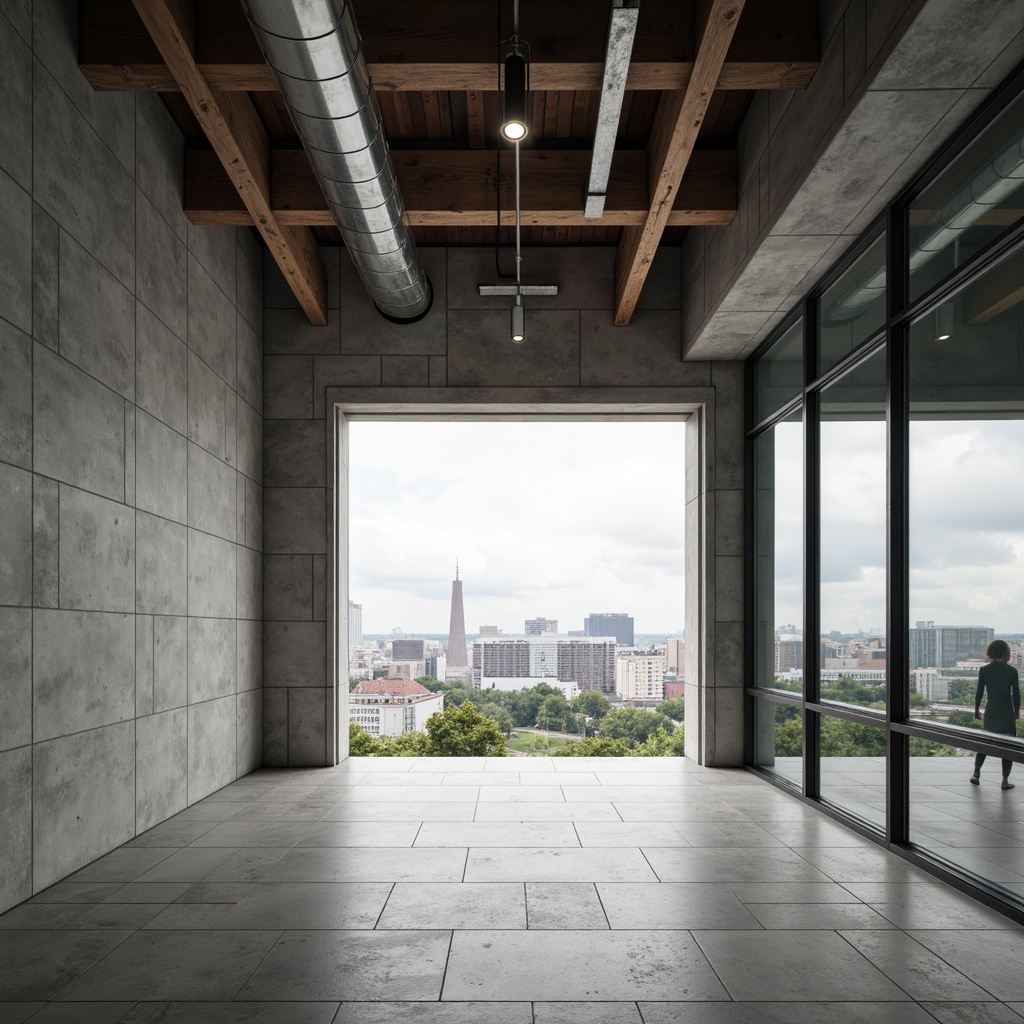 Prompt: Minimalist interior, clean lines, monochromatic color scheme, industrial concrete walls, exposed ductwork, steel beams, wooden accents, geometric patterns, recessed lighting, floor-to-ceiling windows, sliding glass doors, urban cityscape view, cloudy day, soft natural light, shallow depth of field, 3/4 composition, symmetrical framing, realistic textures, ambient occlusion.