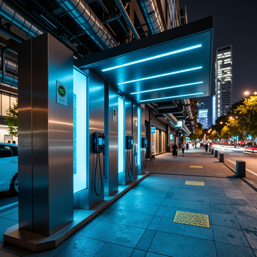 Prompt: Modern charging station, sleek metallic surfaces, neon blue accents, LED lighting strips, futuristic aesthetic, urban cityscape, bustling streets, vibrant city lights, concrete flooring, industrial pipes, minimalist design, clean lines, eco-friendly branding, green energy logos, calming ambient atmosphere, soft warm glow, shallow depth of field, 1/2 composition, realistic textures, ambient occlusion.