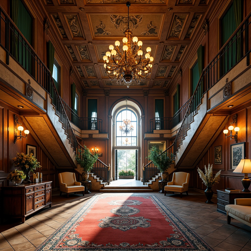 Prompt: Eclectic mansion, grandiose entrance, ornate facade, mix of Victorian and Art Nouveau styles, intricate stone carvings, ornamental ironwork, vibrant color scheme, contrasting textures, lavish decorations, opulent furnishings, sweeping staircases, expansive halls, majestic chandeliers, richly patterned rugs, warm golden lighting, dramatic shadows, 1/2 composition, atmospheric perspective, subtle depth cues.