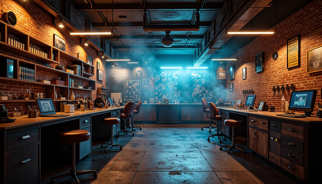 Prompt: Vibrant laboratory space, eclectic expressionist style, exposed brick walls, metallic equipment, futuristic lighting fixtures, neon-lit shelves, glowing test tubes, eerie shadows, high-contrast illumination, dramatic spotlights, soft ambient glow, avant-garde decor, industrial-chic furniture, distressed wood accents, abstract artwork, moody color palette, bold typography, 1/1 composition, shallow depth of field, cinematic lighting, realistic textures, atmospheric fog.