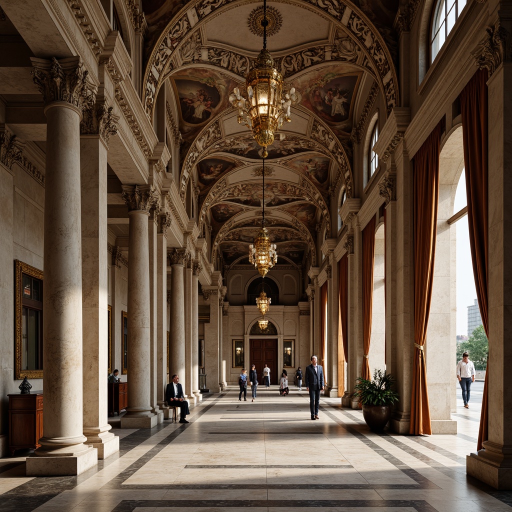 Prompt: Ornate classicism building, intricately carved stone facade, ornamental columns, grand entrance archways, polished marble floors, lavish chandeliers, richly textured velvet drapes, gilded frame mirrors, subtle wood grain patterns, elegant fresco ceilings, soft warm lighting, shallow depth of field, 1/1 composition, realistic textures, ambient occlusion.