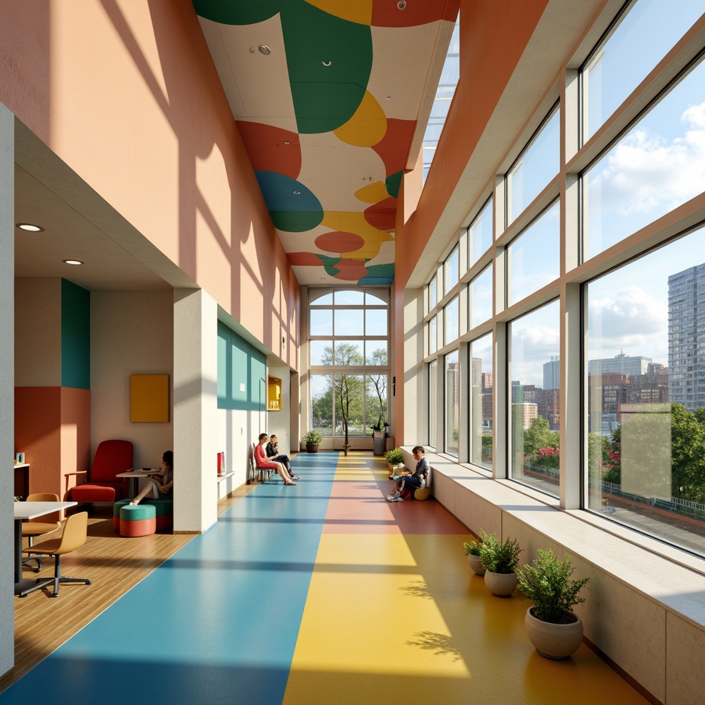 Prompt: Vibrant school hallways, modernist architecture, curved lines, minimal ornamentation, functional design, pastel color scheme, soft peach tones, creamy whites, rich blues, deep greens, bold yellows, sleek metal accents, polished wooden floors, ample natural light, floor-to-ceiling windows, open classrooms, collaborative learning spaces, minimalist furniture, geometric patterns, dynamic shapes, urban cityscape views, cloudy skies, warm afternoon lighting, high contrast ratio, 2/3 composition, cinematic angles.