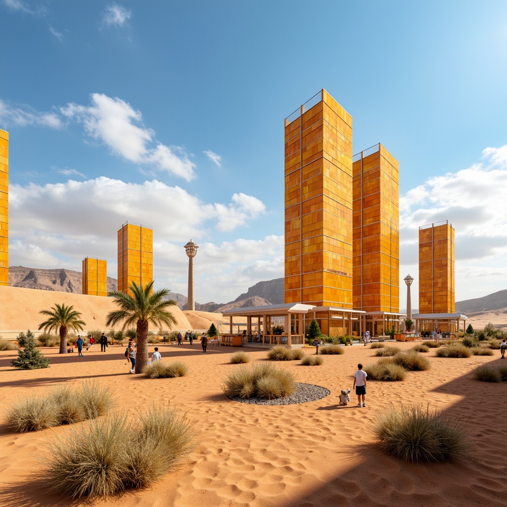 Prompt: Vibrant orange desert towers, sandy dunes, cactus plants, hot sunny day, clear blue sky, vast open space, futuristic architecture, sleek metal buildings, reflective glass surfaces, angular lines, minimalist design, sustainable energy solutions, solar panels, wind turbines, water conservation systems, green roofs, eco-friendly materials, innovative cooling technologies, shaded outdoor spaces, misting systems, Arabic-inspired patterns, vibrant colorful textiles, intricate geometric motifs, warm golden lighting, high contrast shadows, cinematic depth of field, 2.5D composition.