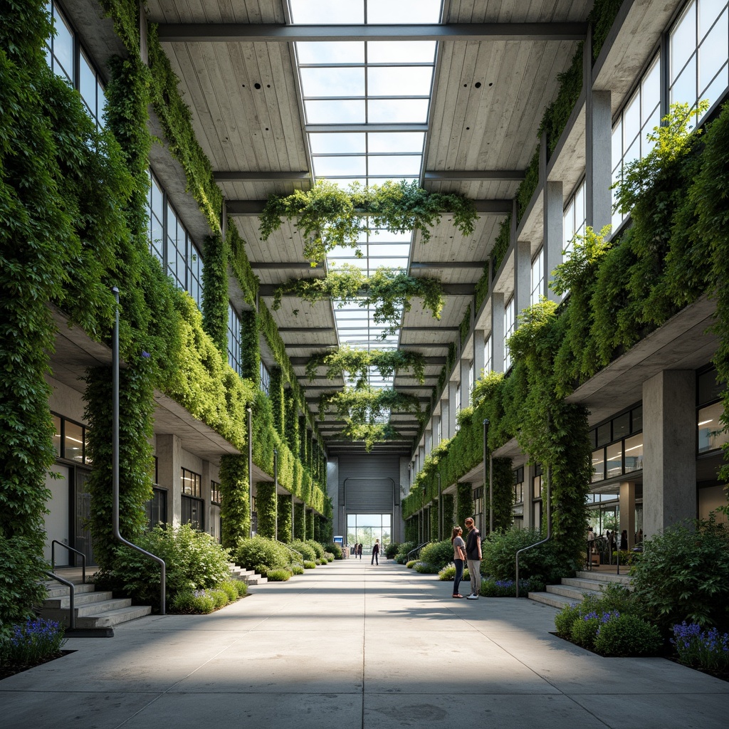 Prompt: Industrial factory building, lush green walls, living roofs, vertical gardens, solar panels, wind turbines, rainwater harvesting systems, recycled materials, natural ventilation, clerestory windows, exposed ductwork, polished concrete floors, minimalist interior design, abundant natural light, soft diffused lighting, 1/2 composition, realistic textures, ambient occlusion.