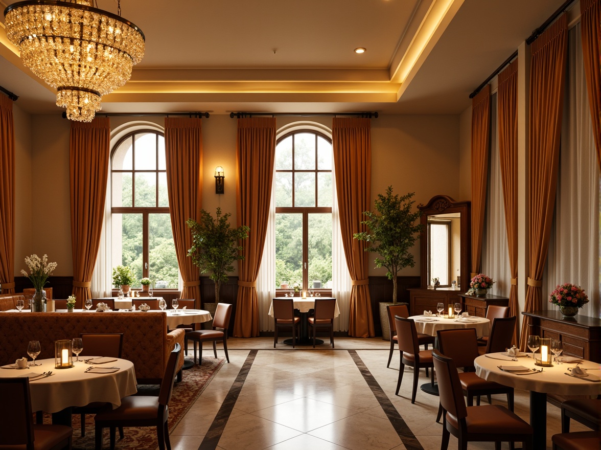 Prompt: Elegant dining hall, warm beige walls, rich wooden furniture, luxurious velvet drapes, soft golden lighting, refined crystal chandeliers, sophisticated marble floors, intimate circular tables, comfortable cushioned chairs, decorative flower arrangements, serene natural ambiance, warm earthy tones, 1/2 composition, shallow depth of field, realistic textures, ambient occlusion.