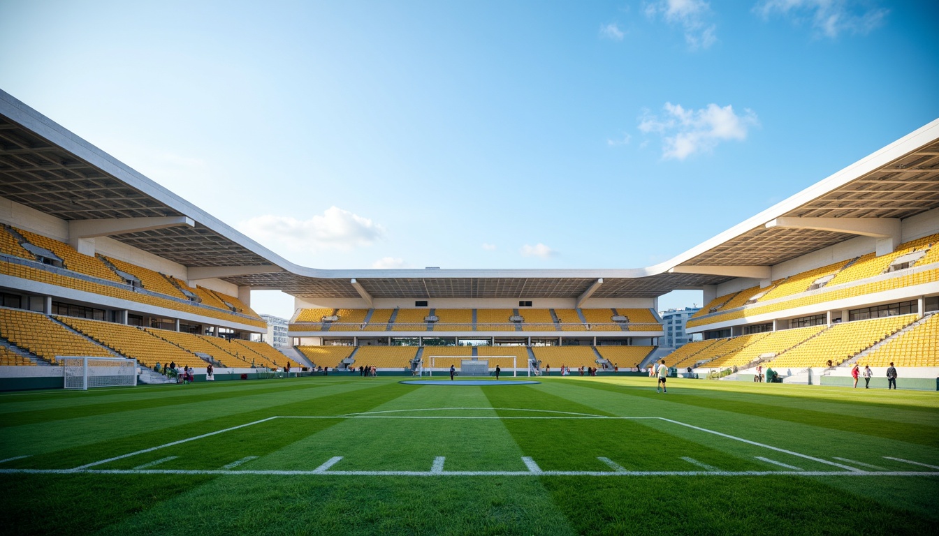 Prompt: Powder blue soccer stadium, lush green grass, vibrant yellow goalposts, metal bleachers, modern architecture, sleek lines, minimalist design, clear blue sky, warm sunny day, soft natural lighting, shallow depth of field, 3/4 composition, panoramic view, realistic textures, ambient occlusion.